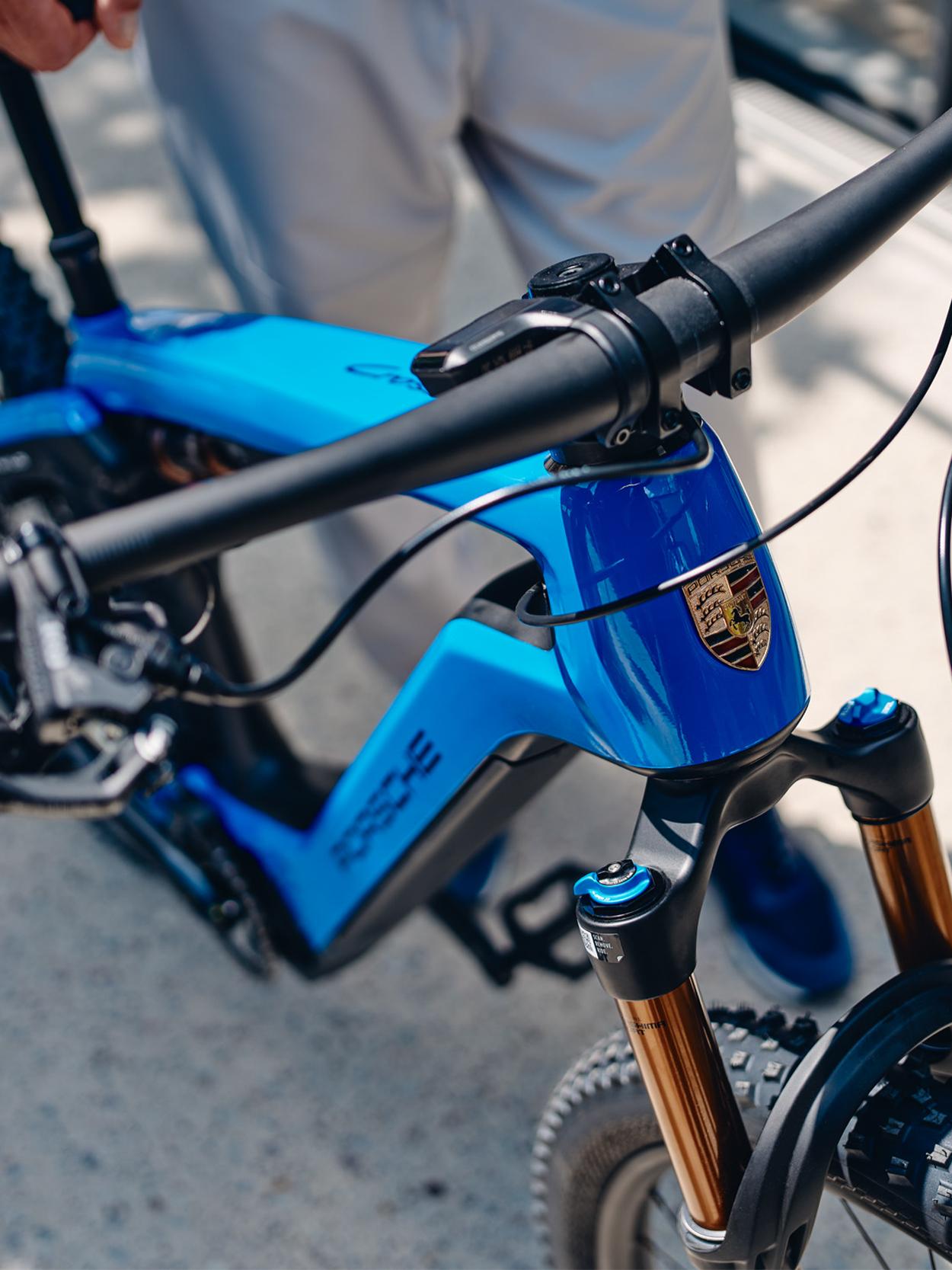 Close up of a blue Porsche eBike