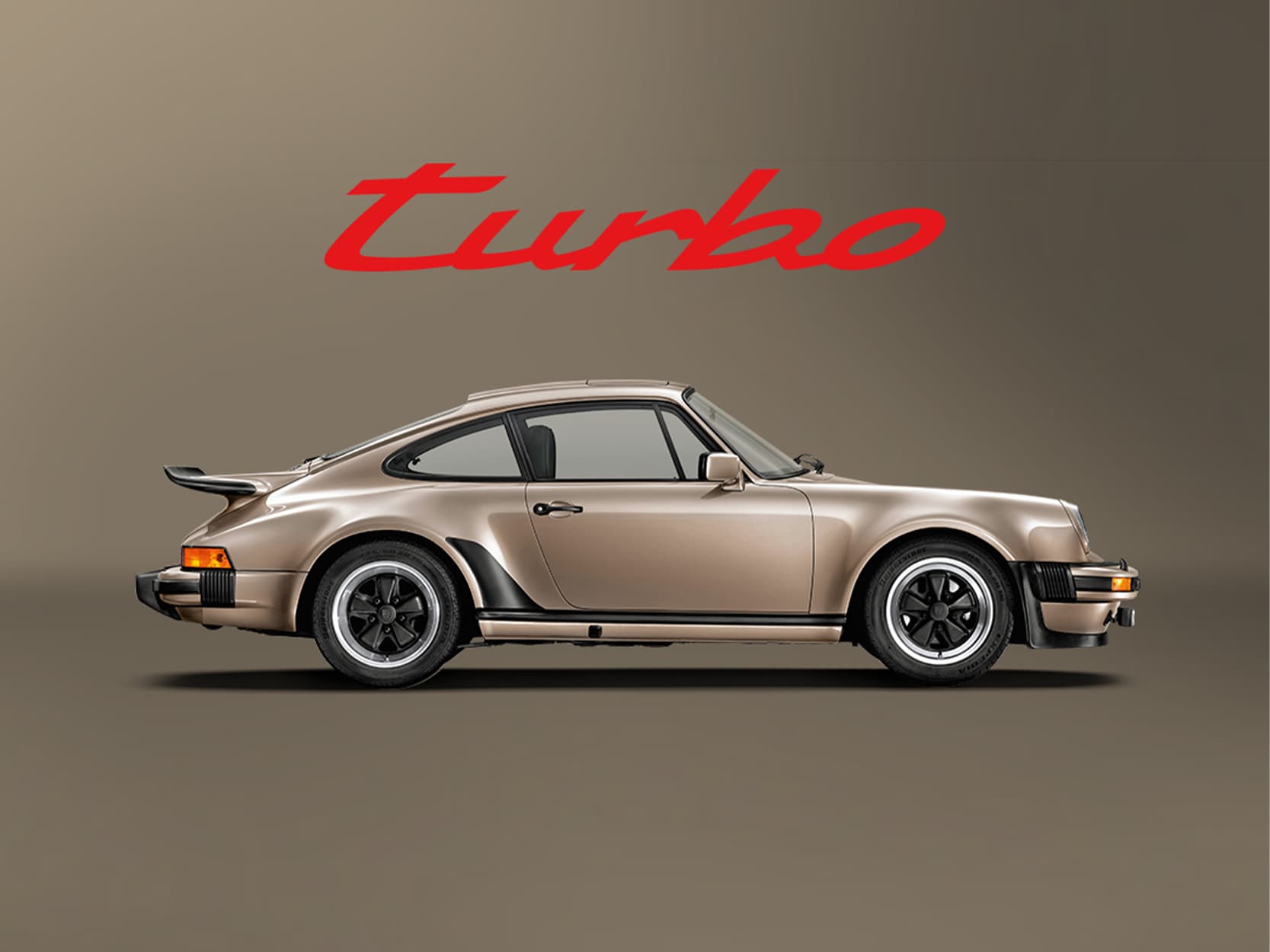 Beige historic Porsche 911 on a beige background with a red Turbo lettering above the car