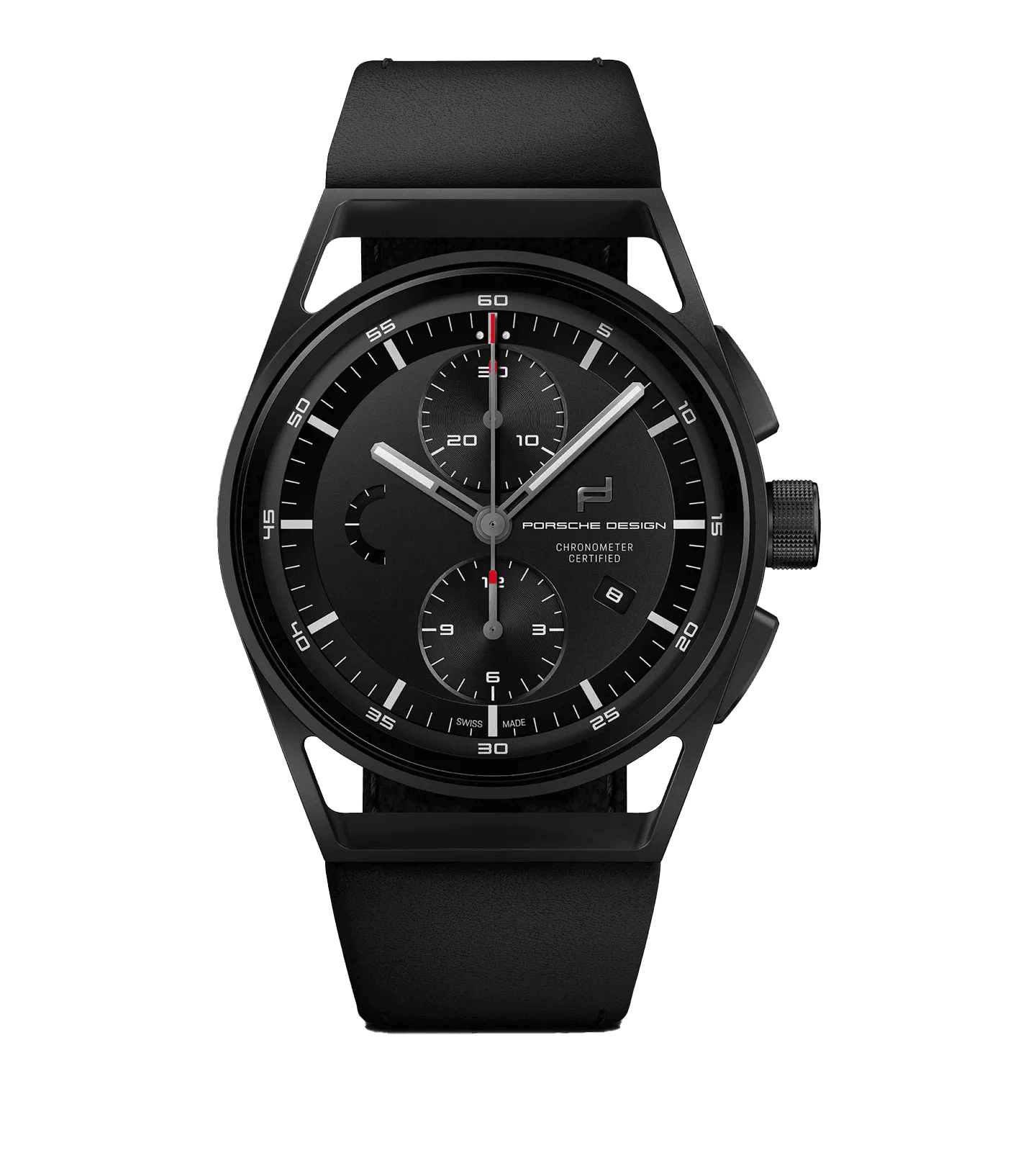 Schwarze Porsche Design Chronographen-Armbanduhr mit schwarzem Zifferblatt, roten Akzenten und Lederarmband.