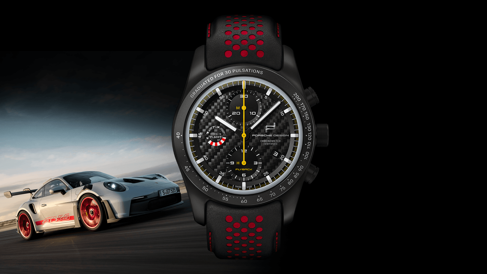 Na zdjęciu zegarek na rękę Porsche Chronograph 911 GT3 RS, a w tle srebrne Porsche 911 GT3 RS z czerwonymi pasami.