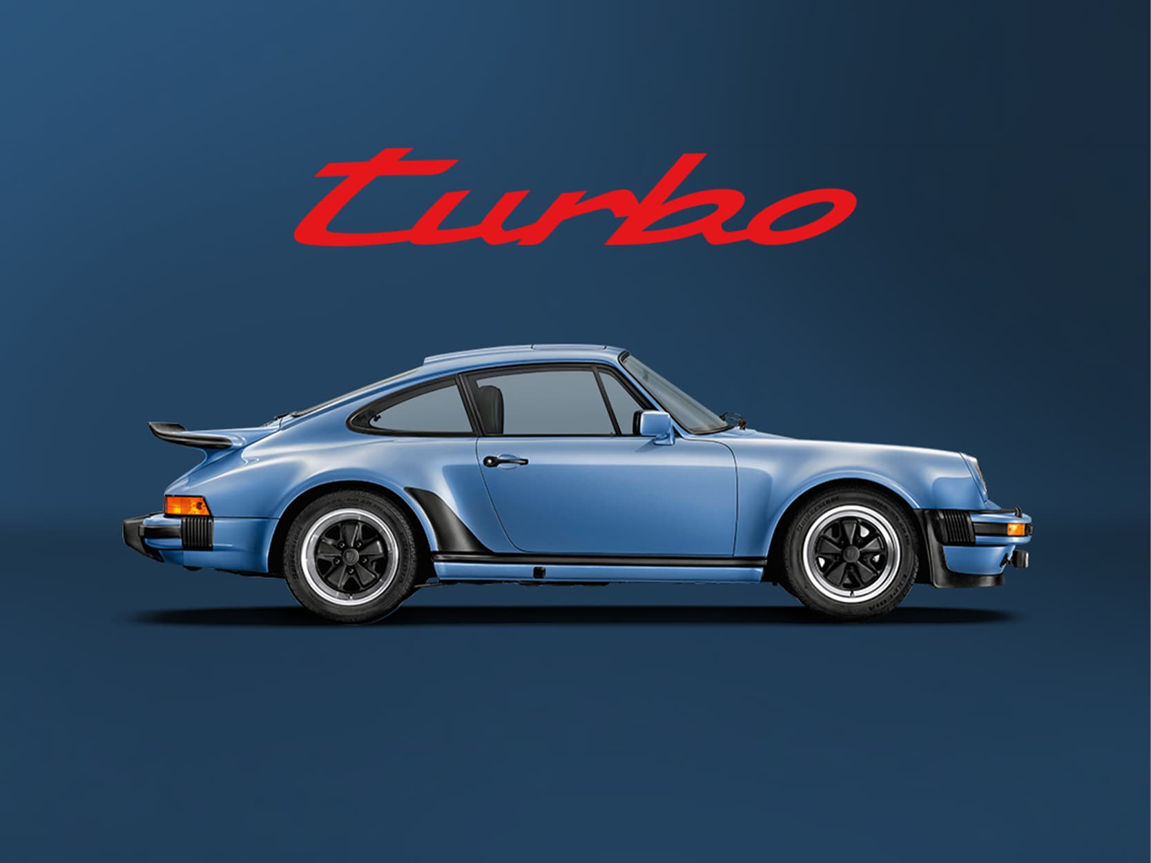Dark blue historic Porsche 911 on a dark blue background with a red Turbo lettering above the car