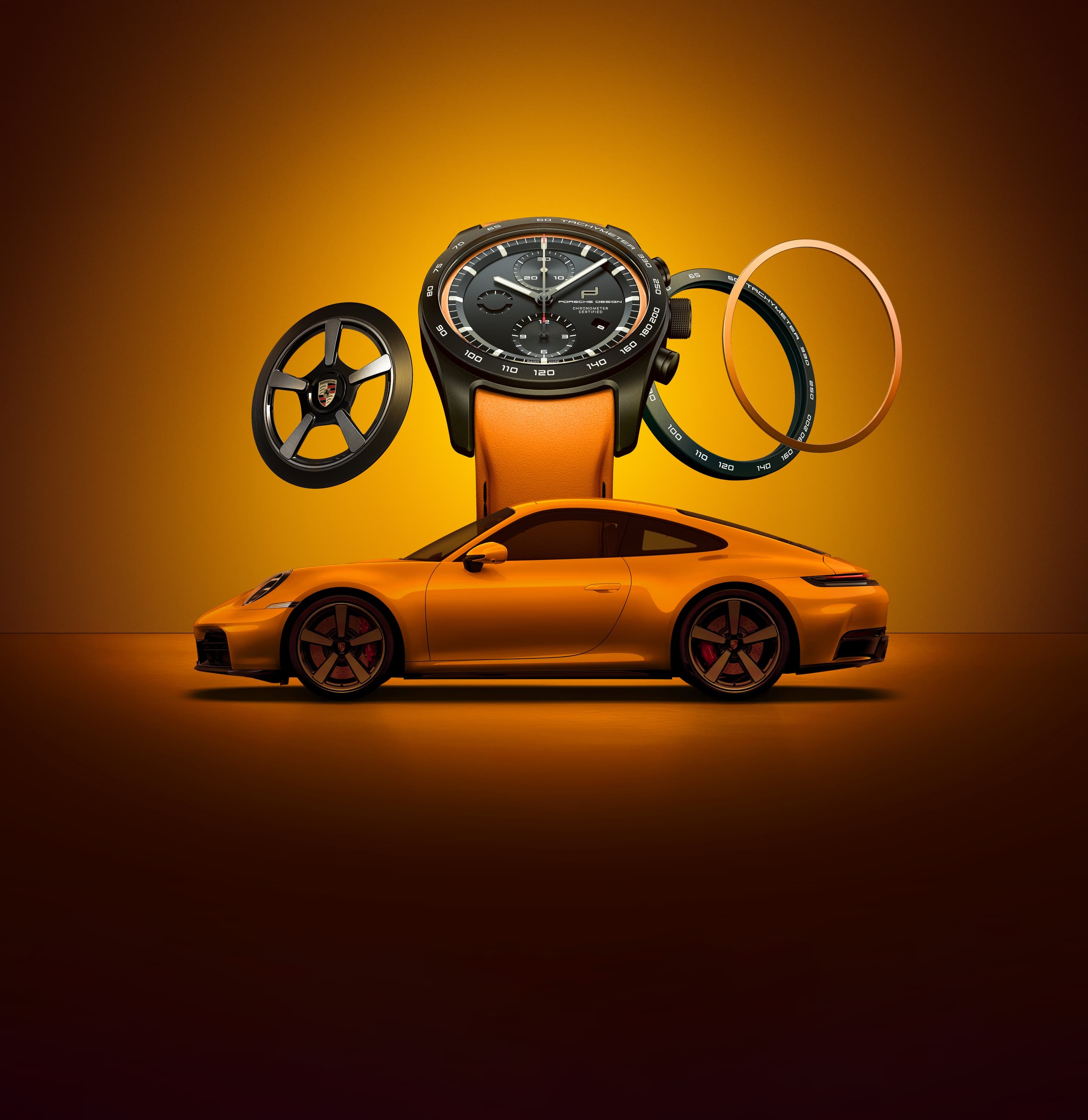 The image shows an orange Porsche 911 with a large wristwatch and several circular automotive components arranged above it against a glowing orange background.