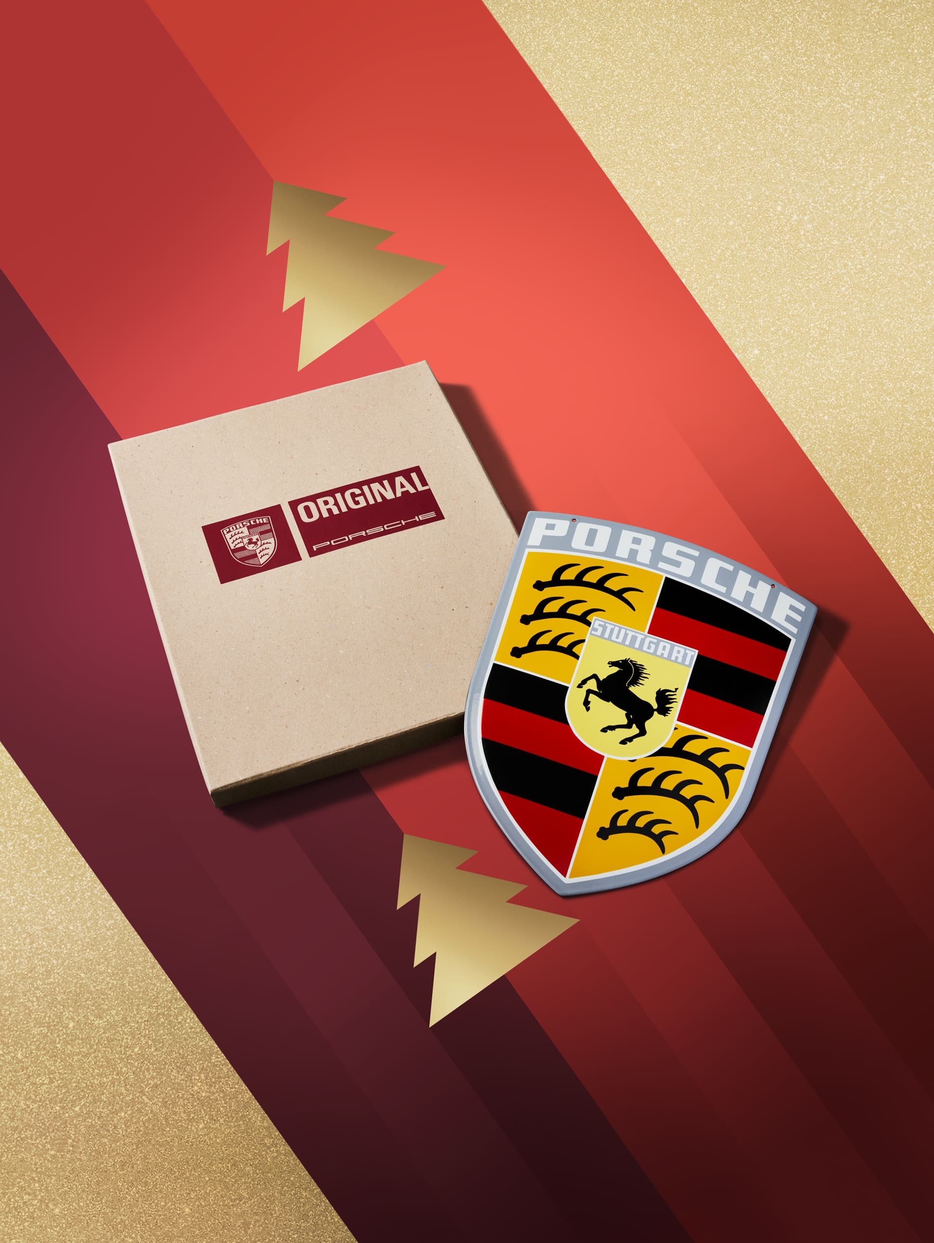 Classic Porsche Crest on red and golden background