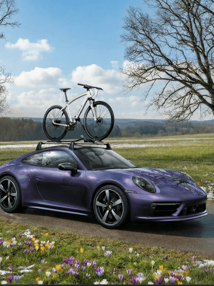 Porsche roxo com uma bicicleta branca no tejadilho, estacionado numa estrada rodeada de flores e árvores em flor sob um céu azul.