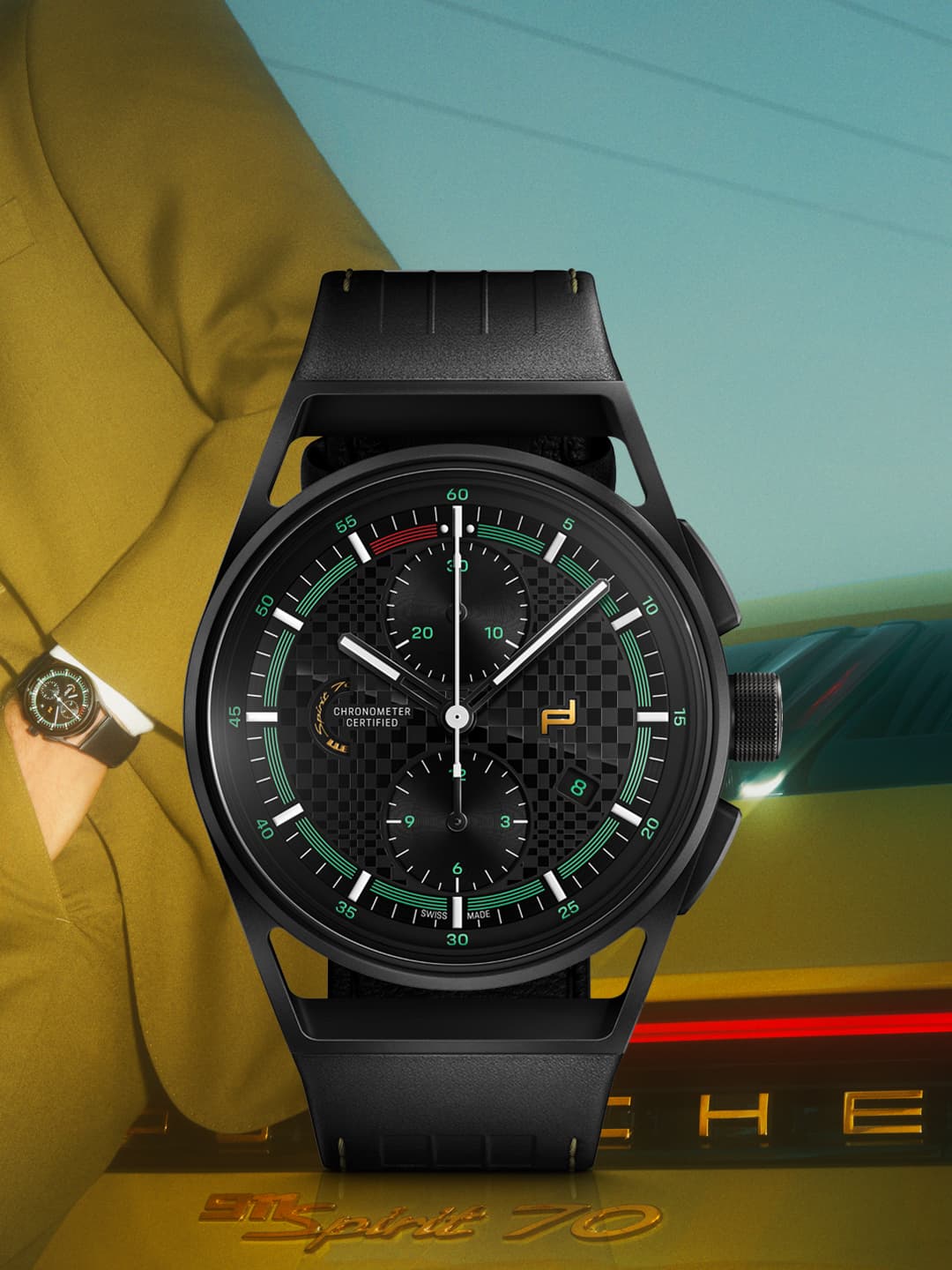 Flatlay Porsche Design Chronograph 911 Spirit 70, man wearing the Chronograph in the brackground