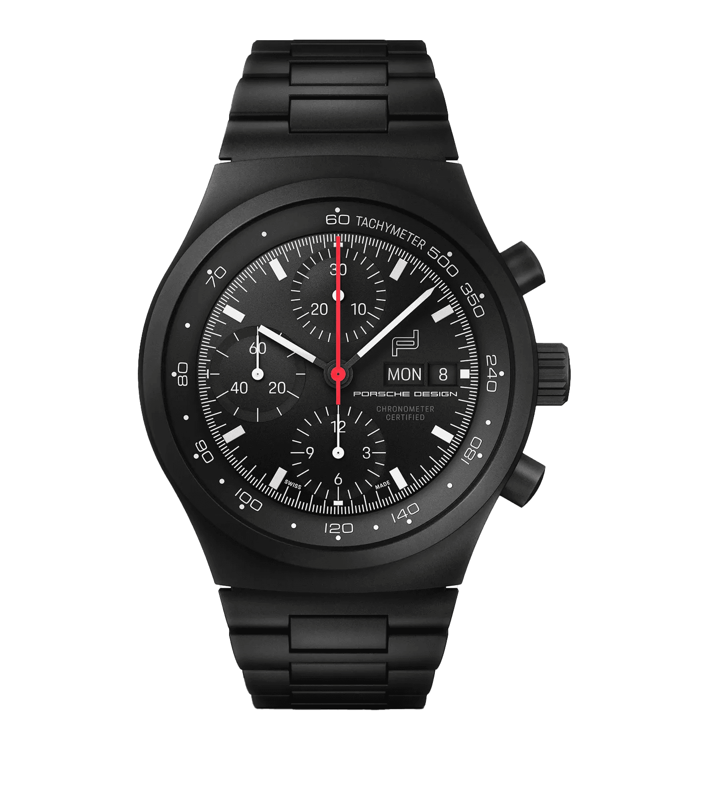Black Porsche Design chronograph with a metal bracelet, tachymeter bezel, and red seconds hand.