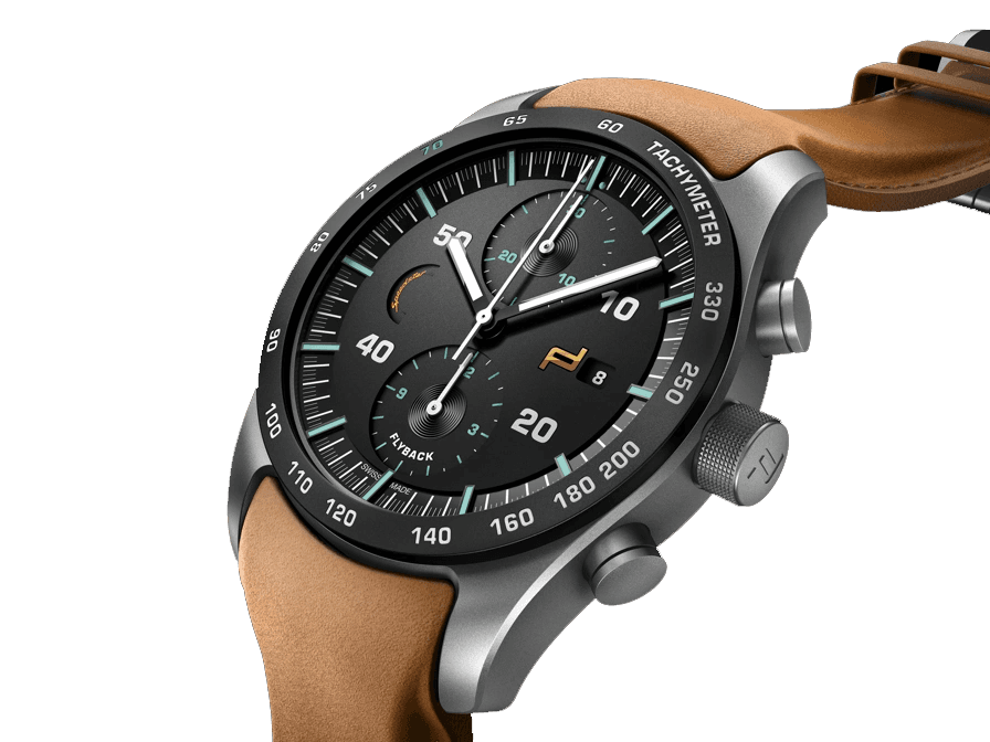 Na zdjęciu zegarek na rękę Porsche Chronograph 911 Speedster Heritage Design z brązowym paskiem.