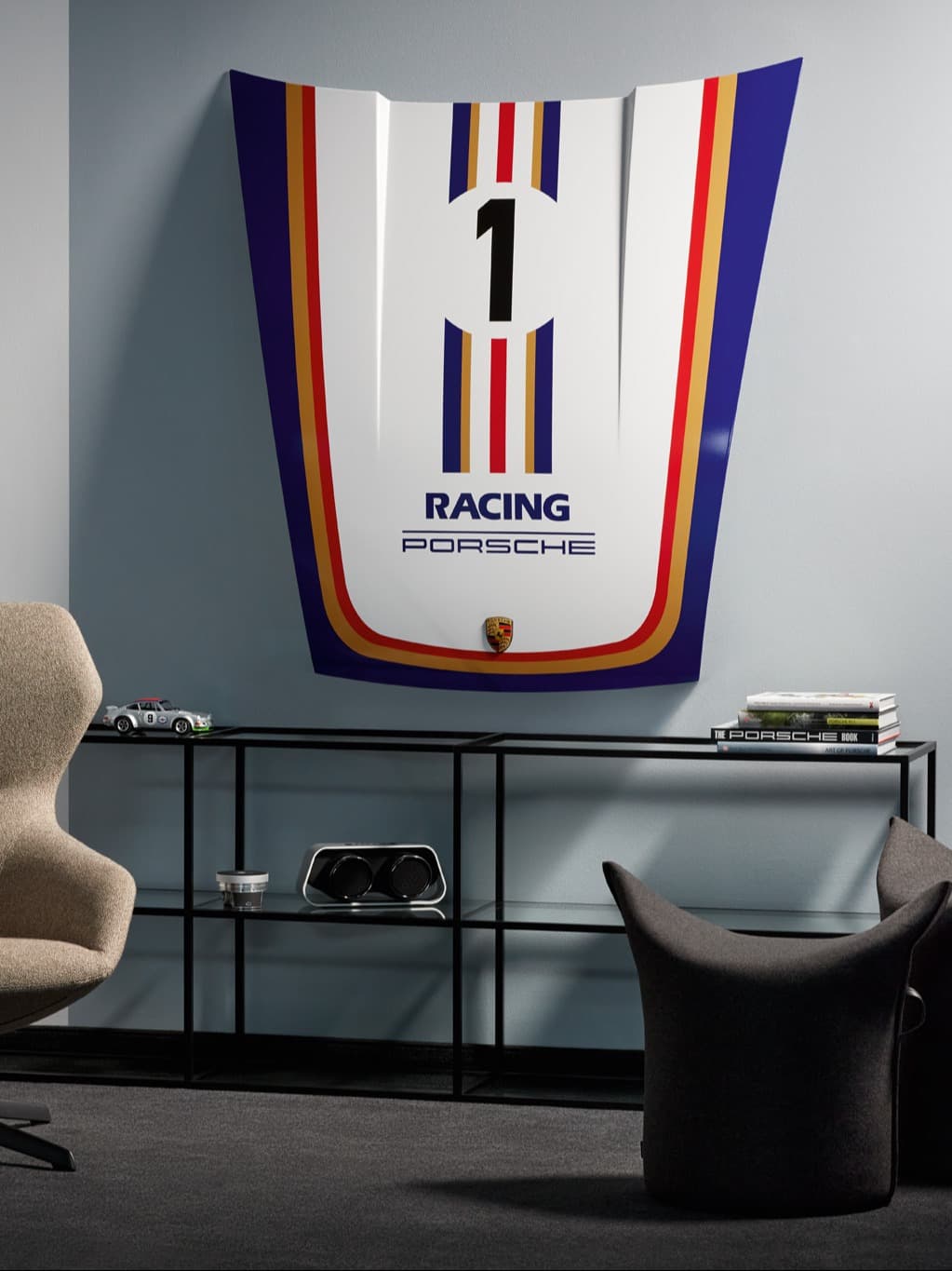 Porsche Lifestyle hood hanging on a wall in 911 racing design