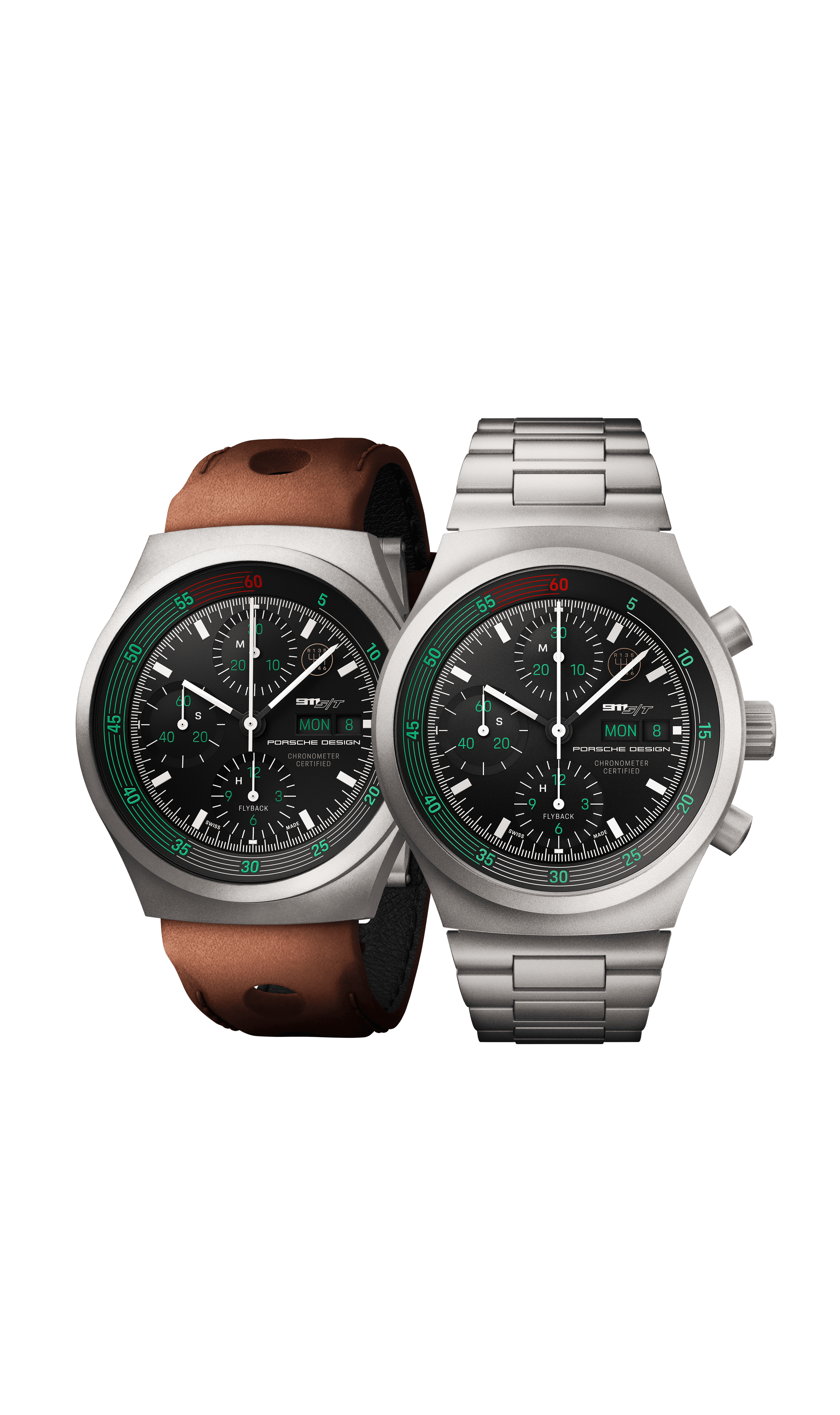 Dwa chronografy Porsche Design z czarną tarczą, zielonymi akcentami oraz paskiem skórzanym i bransoletą metalową.