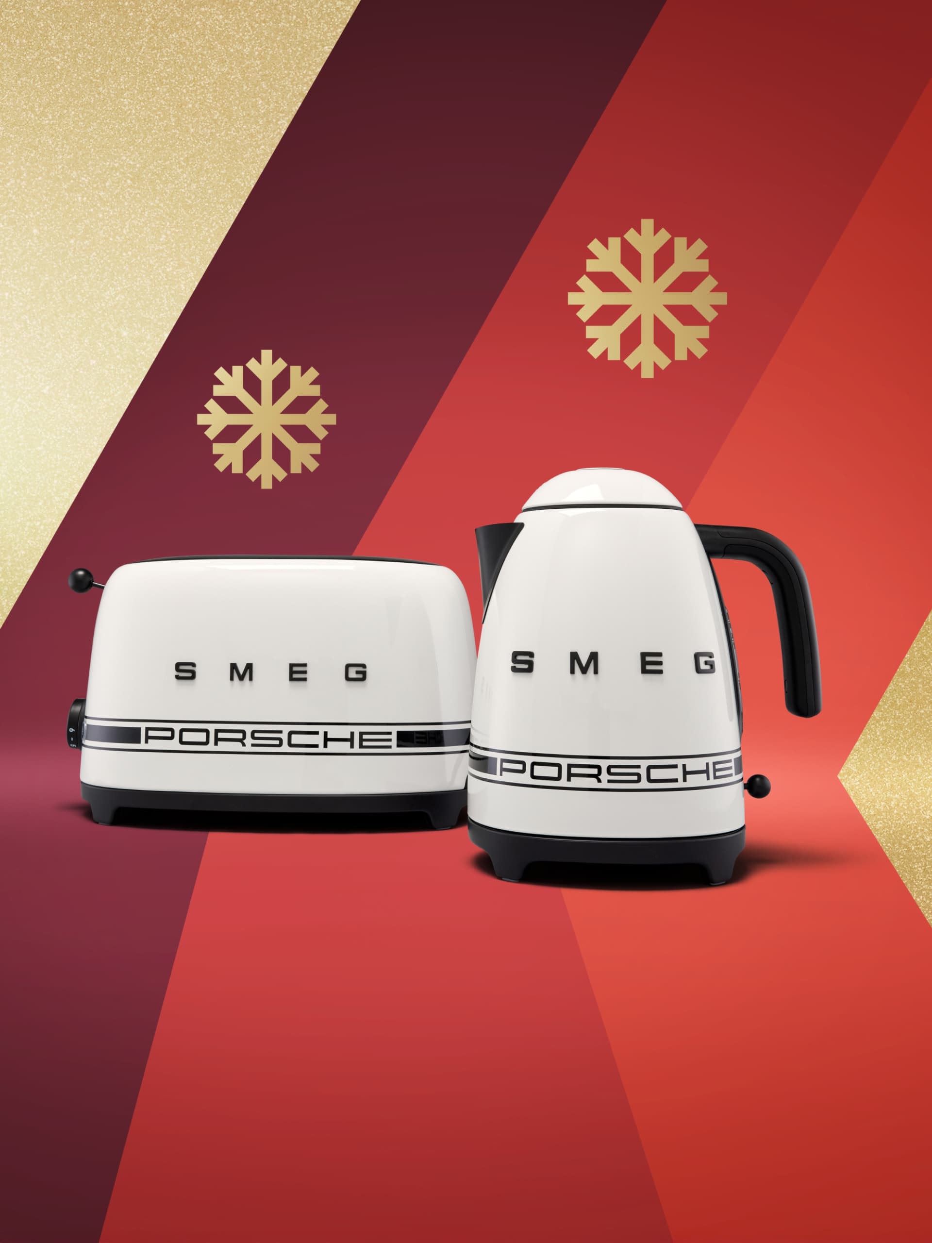Porsche Smeg Toaster and kettle on red and golden background