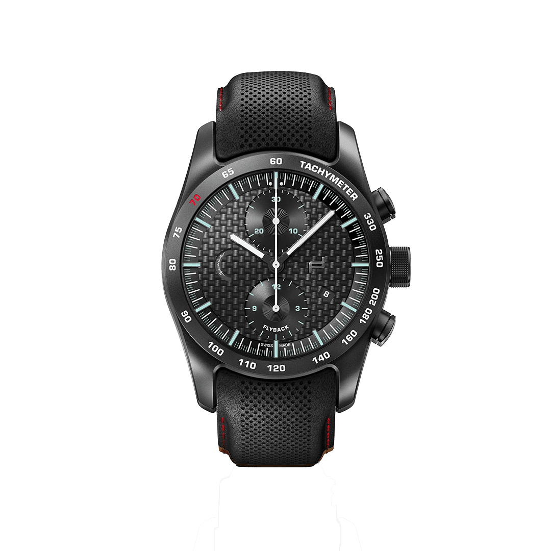 Na zdjęciu zegarek na rękę Porsche Chronograph 911 Speedster z czarnym paskiem.