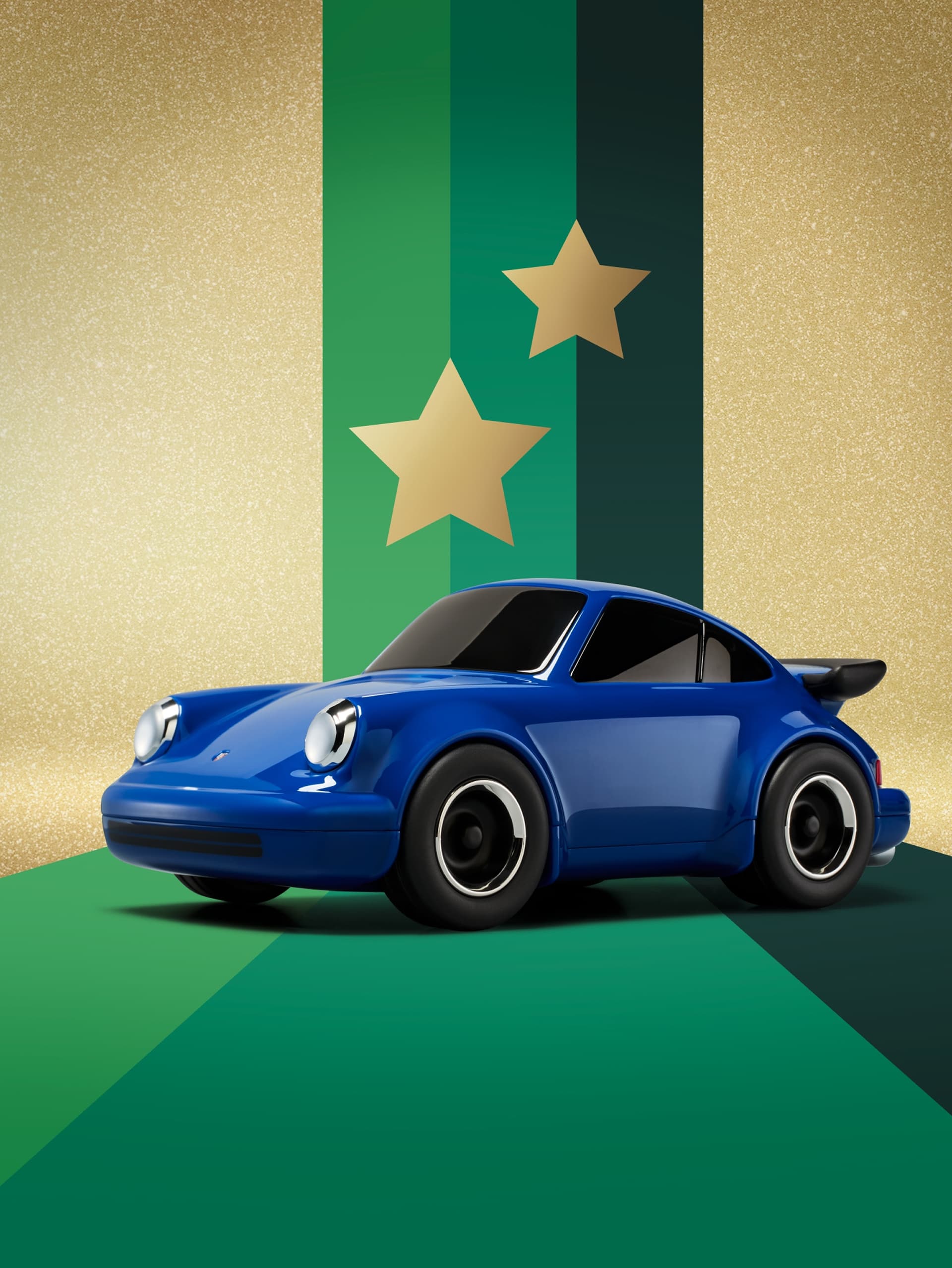 Coche azul 911 para niños sobre fondo verde y dorado.