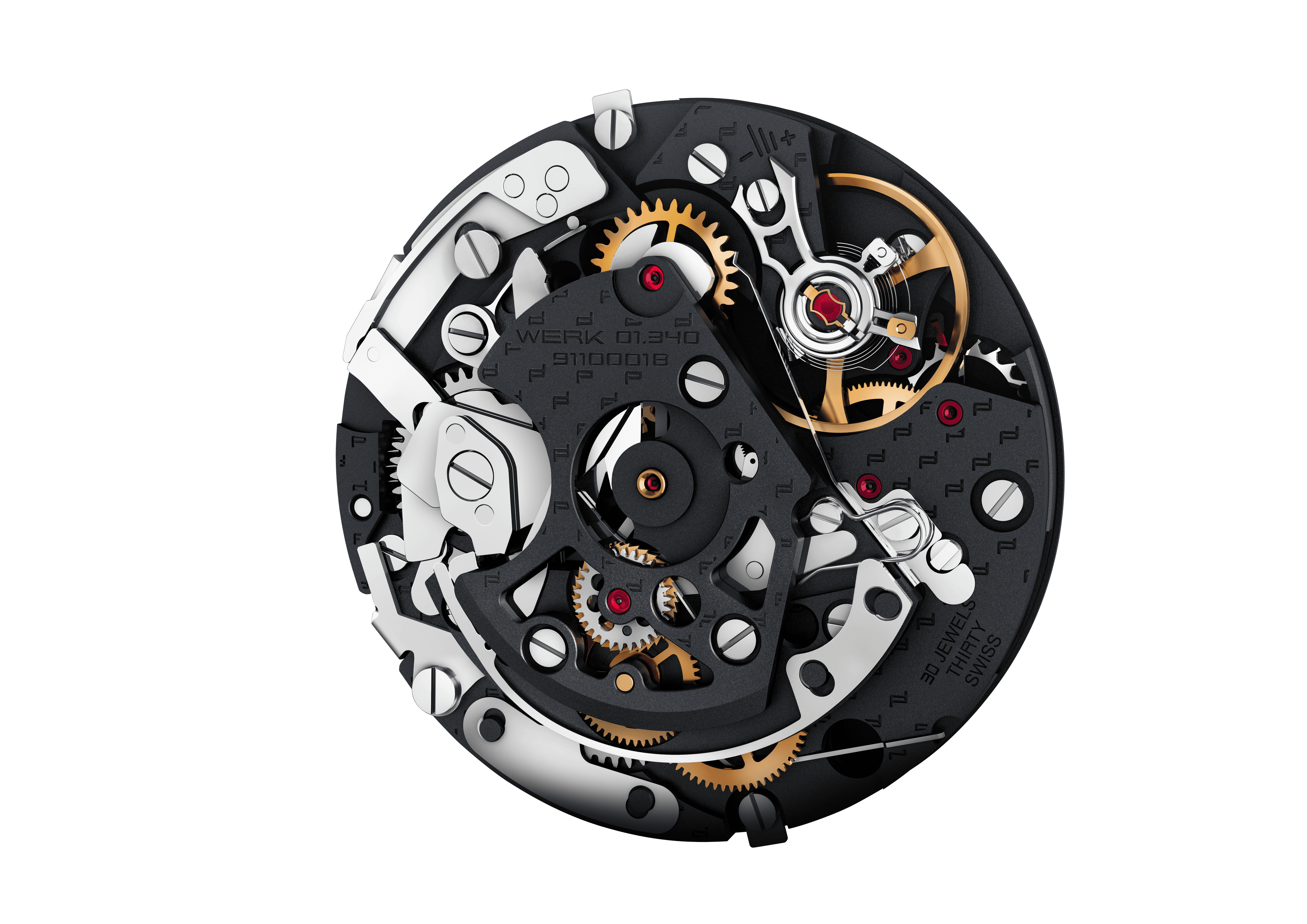 Primo piano di un movimento di orologio nero con ponti argentati, ingranaggi dorati e rubini rossi.