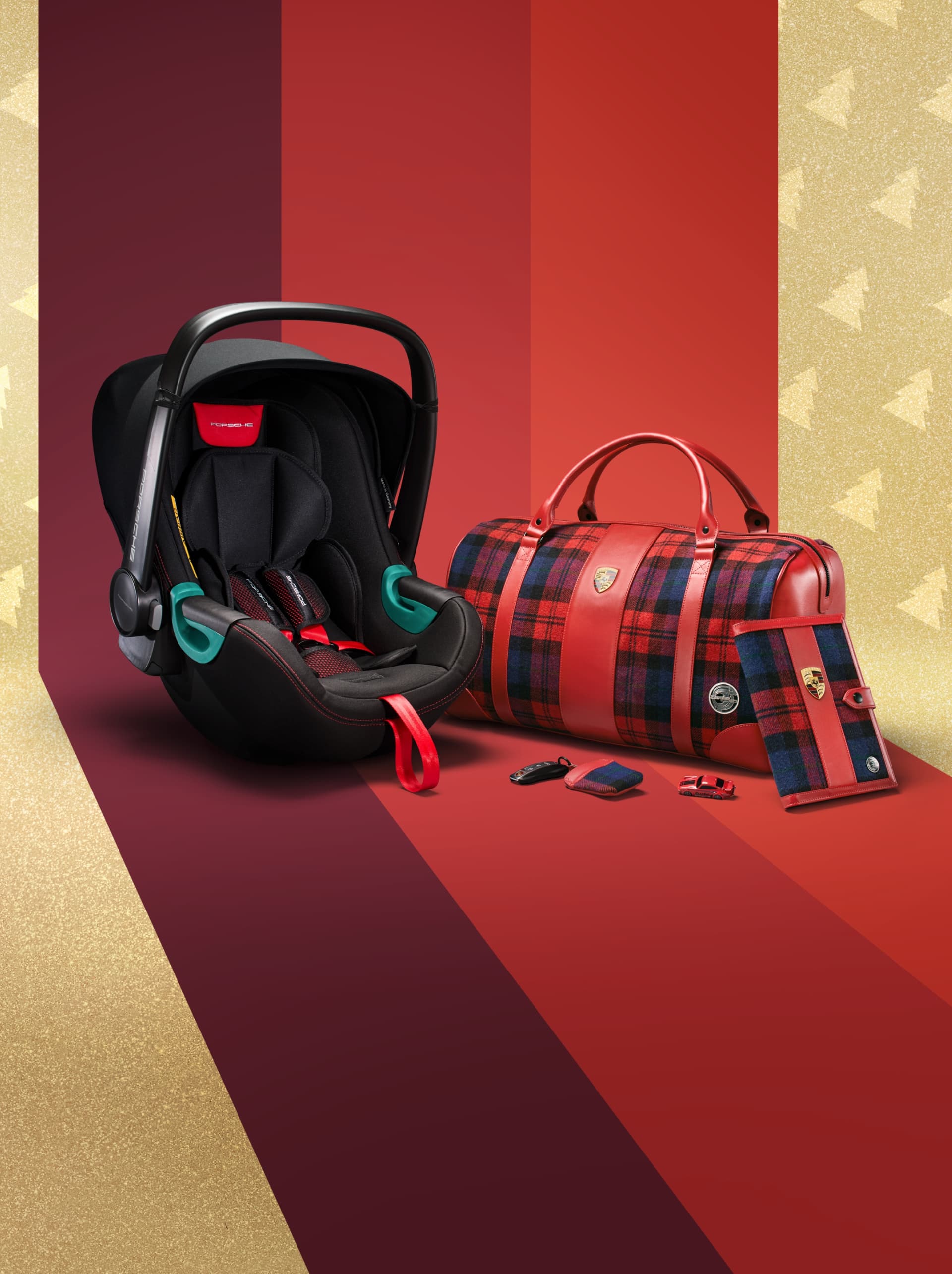 Black car seat and red plaid bag with Porsche logo on a red and gold background.