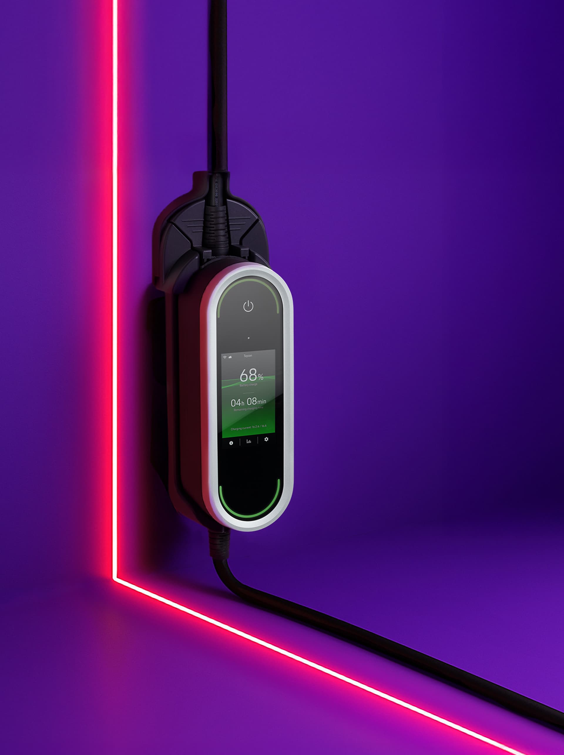 Electric charger on a purple wall with neon red light, displaying 68% charge and 4h 8min remaining.