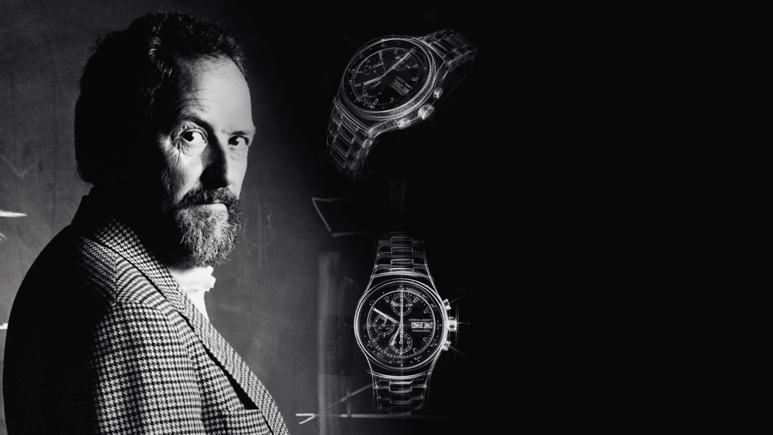 Zdjęcie czarno-białe: prof. Ferdinand Alexander Porsche patrzy w obiektyw; w tle dwa stylizowane projekty tarcz zegara.