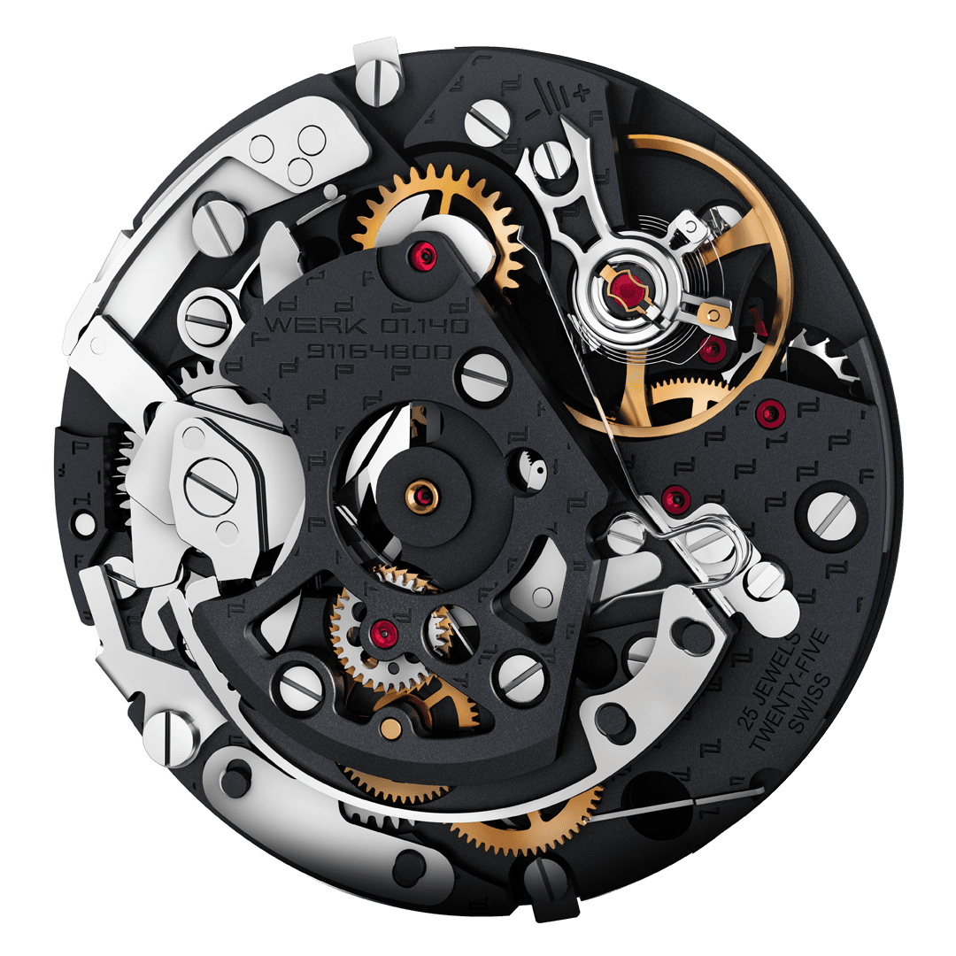 Intricate watch movement with gold gears, black and silver components, and red accents, showcasing precision engineering.