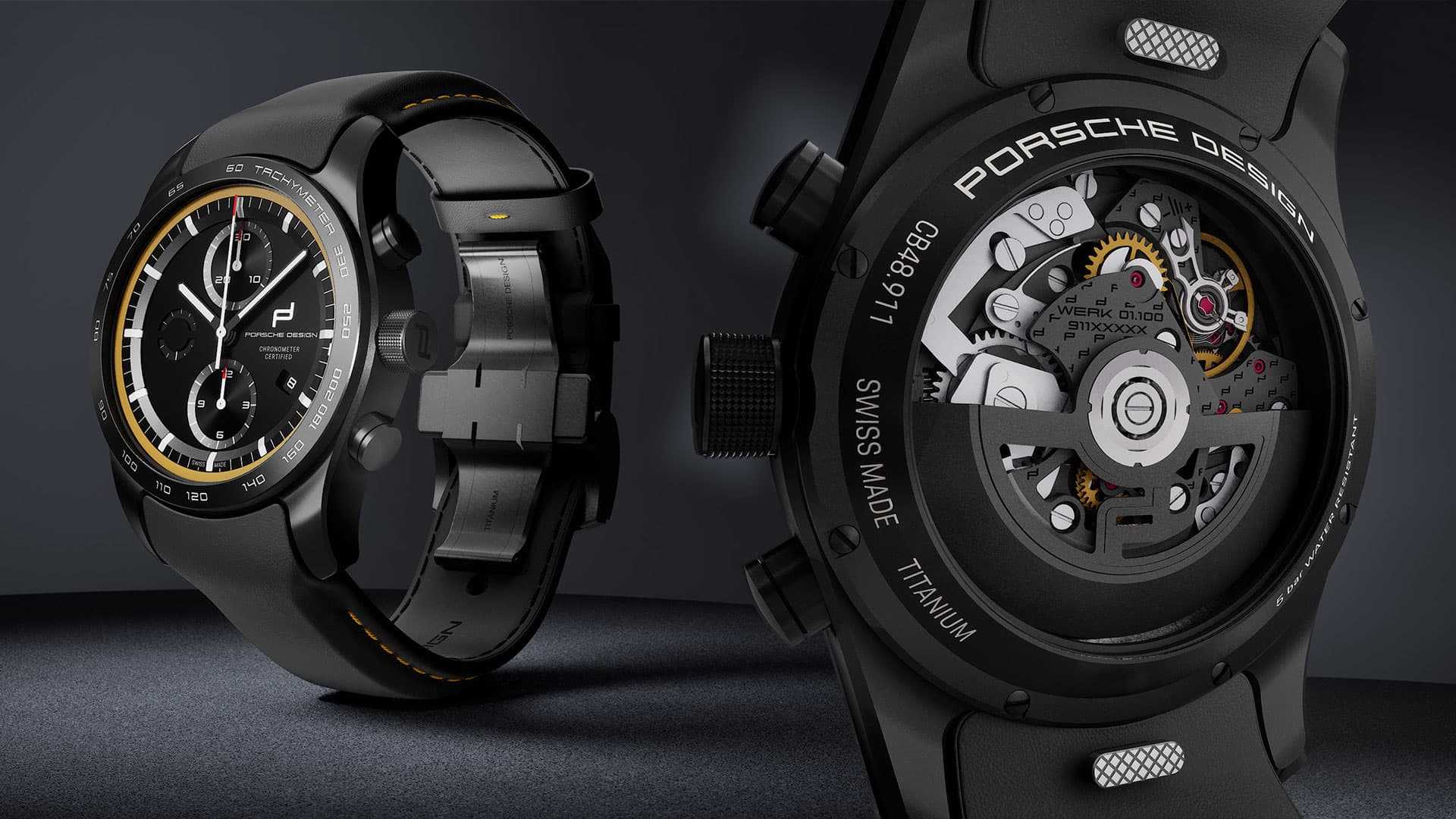 Detail view of Chronograph on grey background