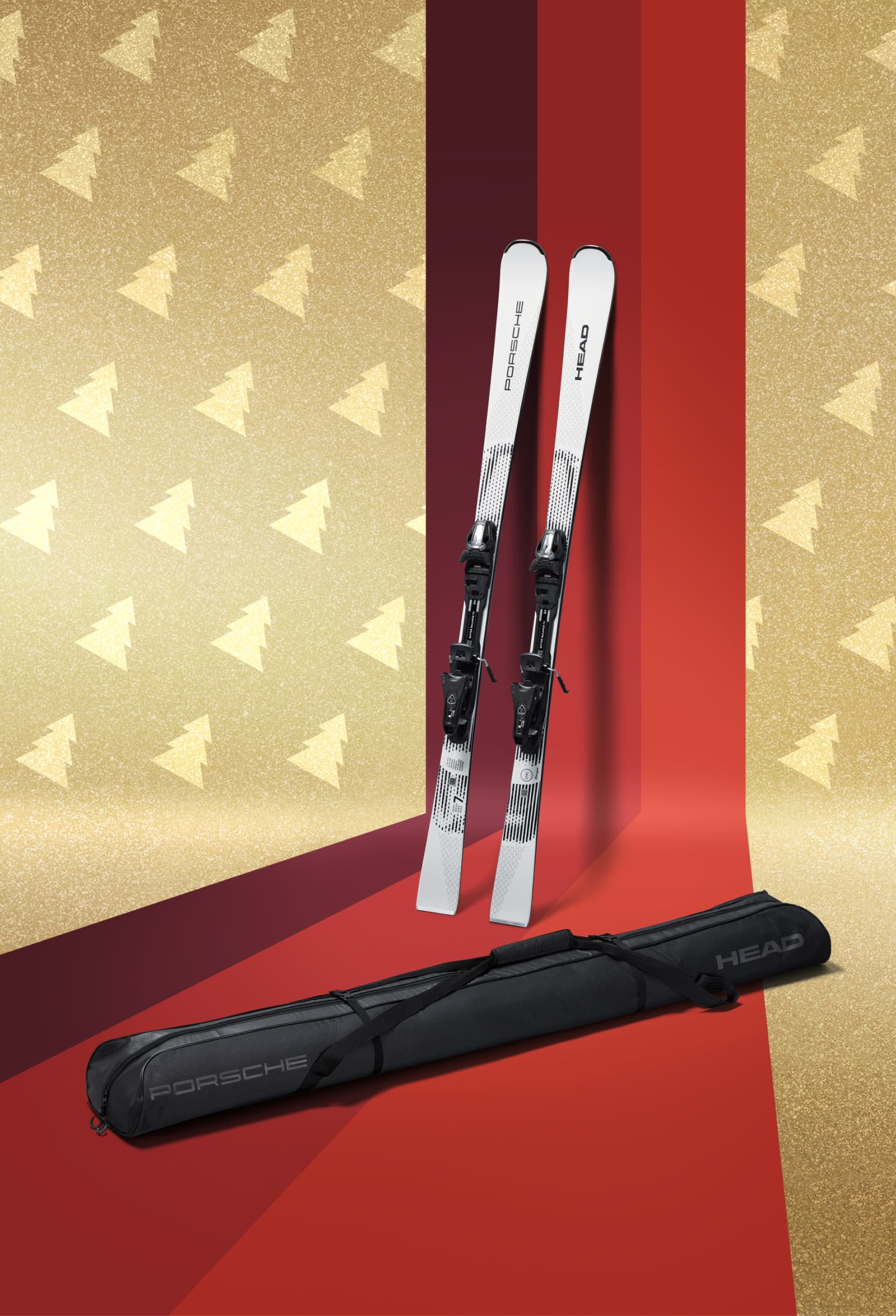 Porsche-Ski und Skitasche auf rotem und goldenem Hintergrund