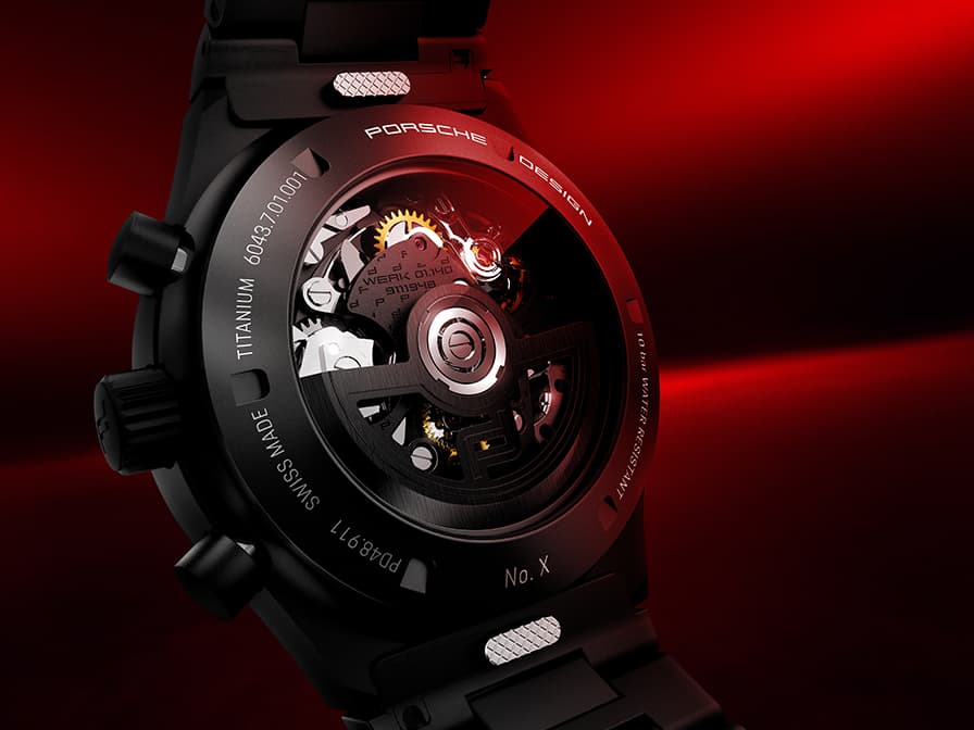 The picture shows the rear view of the movement of the Porsche Chronograph 1 wristwatch