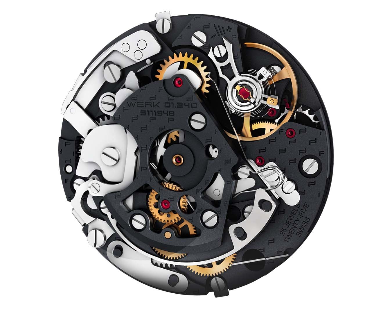 Black movement with silver bridges, gold gears, and red jewels, set against a white background.
