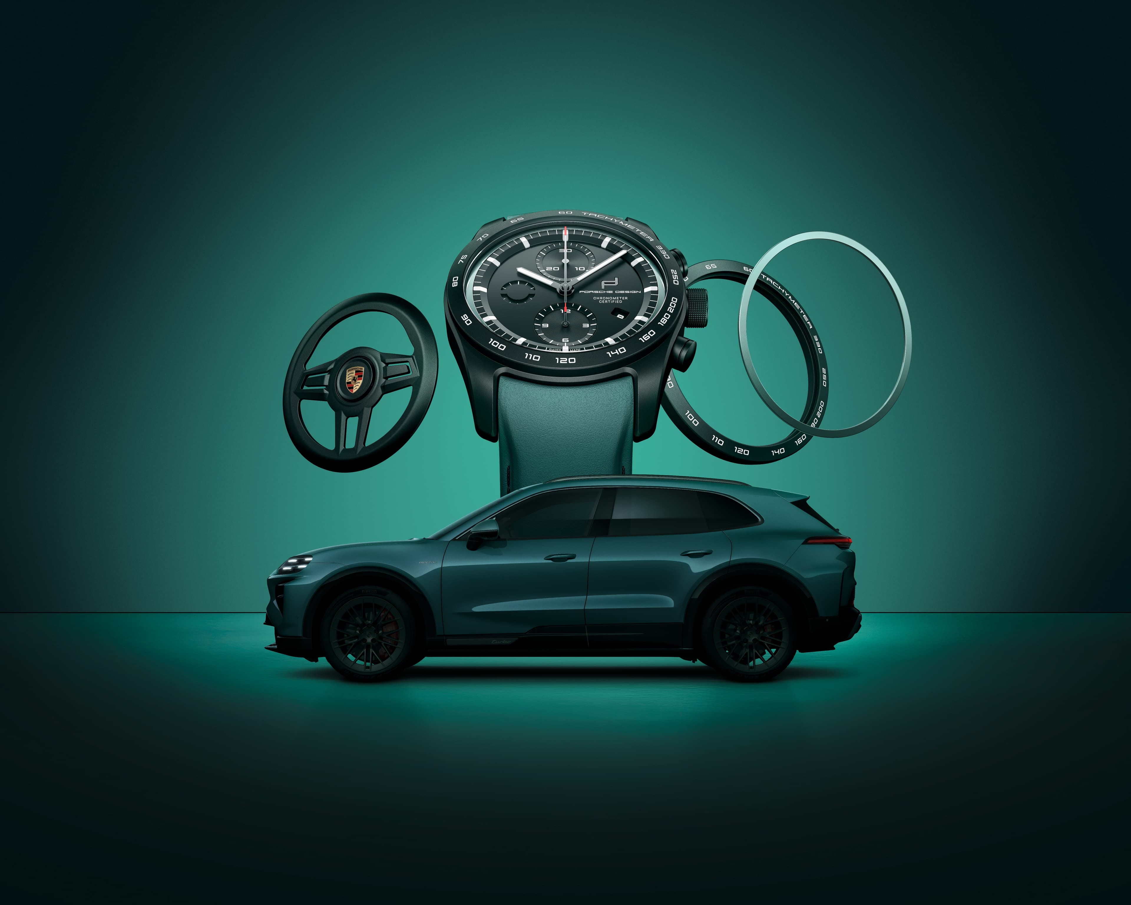 Black Porsche Design chronograph watch with a green leather strap, next to it a steering wheel and a tachymeter ring, with an SUV in the background.