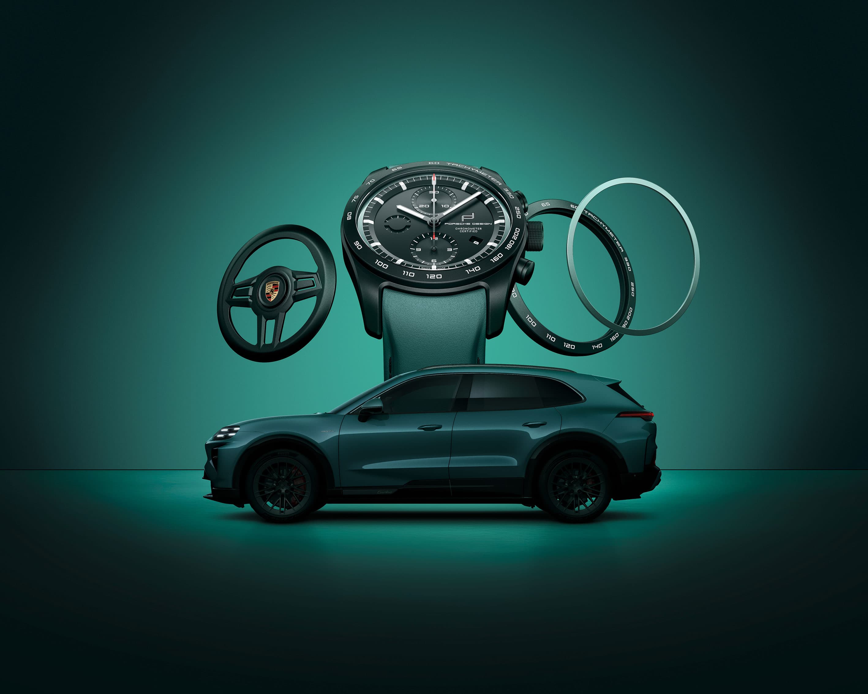 Black Porsche Design chronograph watch with a green leather strap, next to it a steering wheel and a tachymeter ring, with an SUV in the background.