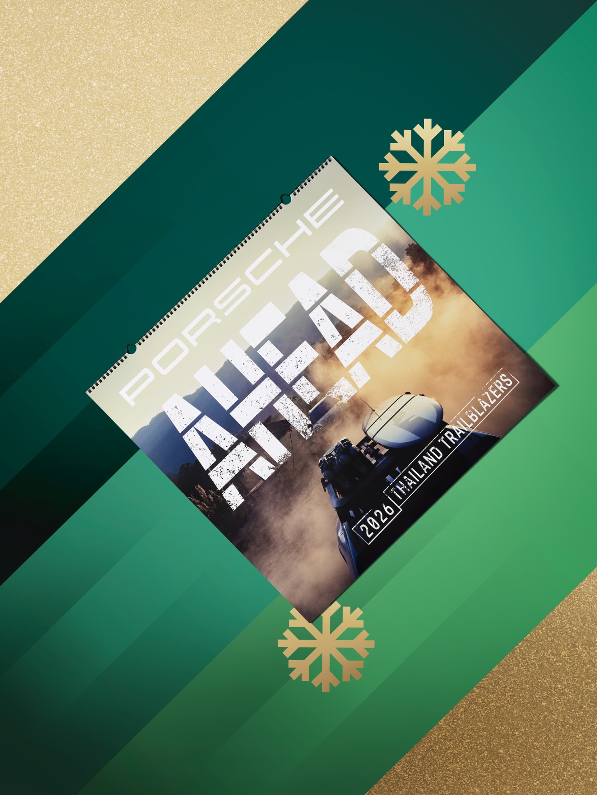 Porsche-kalender voor 2026 op groene en gouden achtergrond