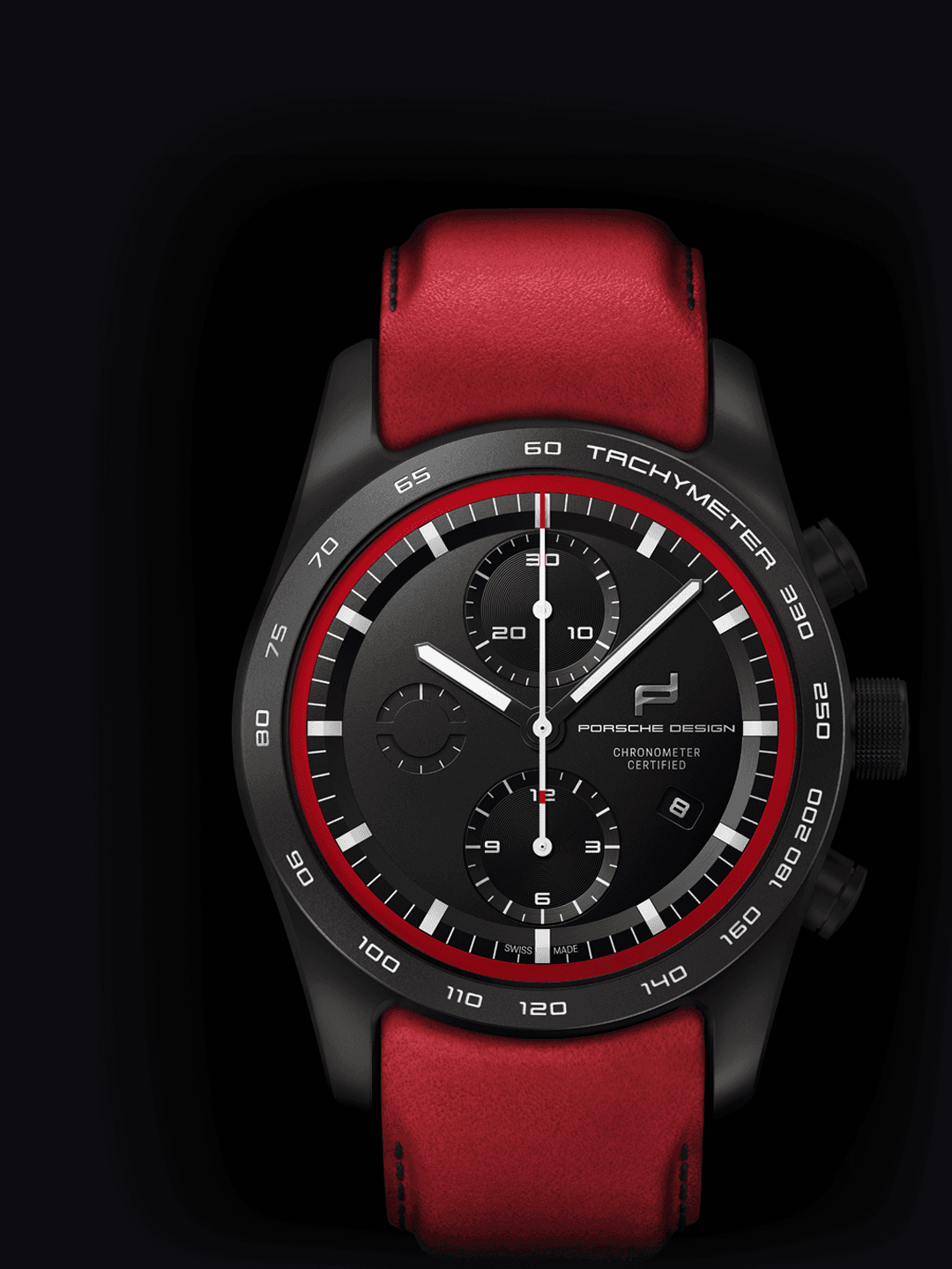Zbliżenie na zegarek Porsche Design Timepiece wykonany na zamówienie z czerwonym paskiem na nadgarstek