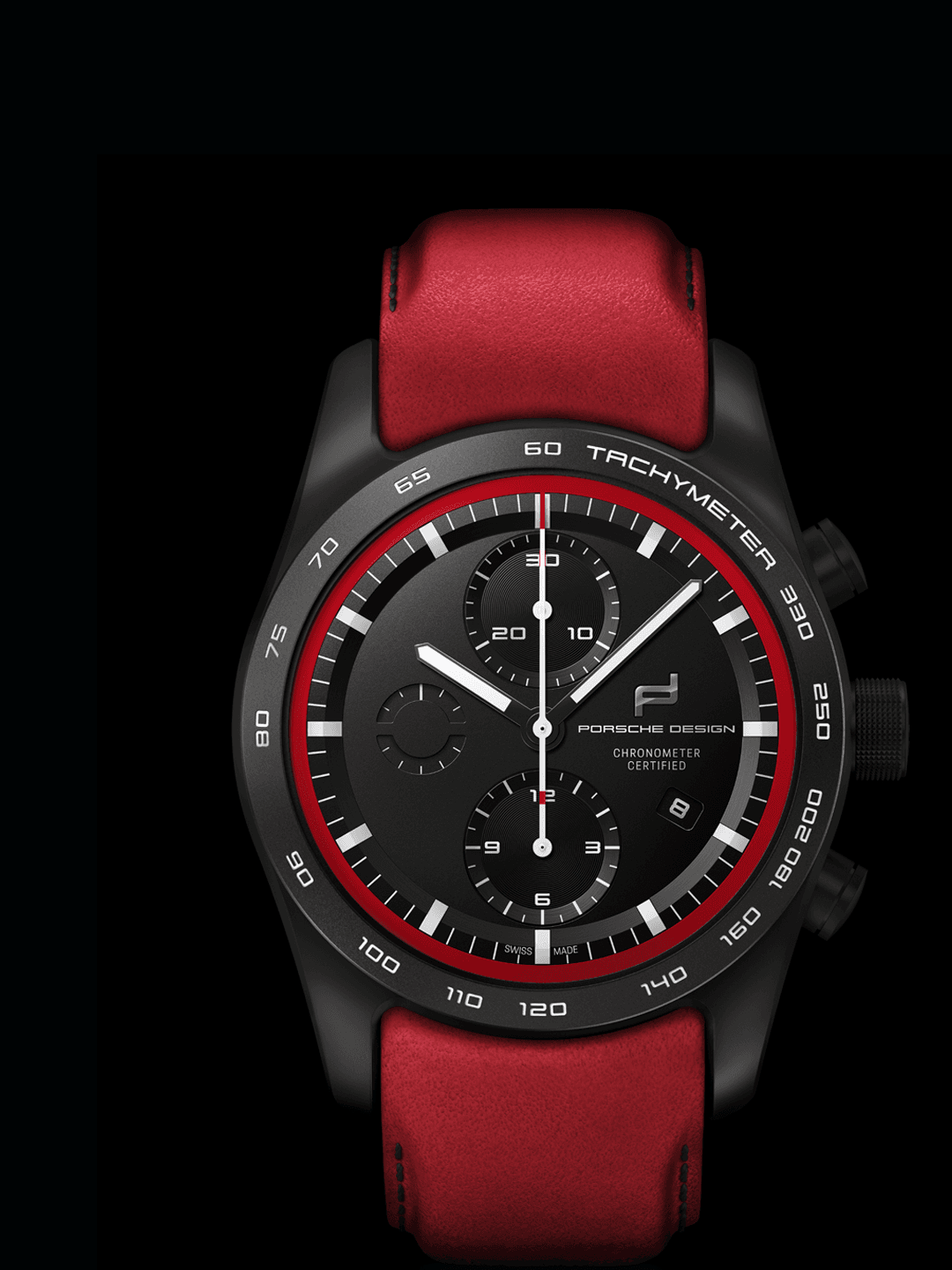 Detail view of Porsche Design custom-build Timepiece with red wristband
