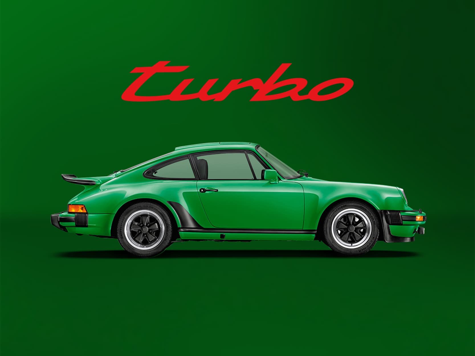 Green historic Porsche 911 on a green background with a red Turbo lettering above the car