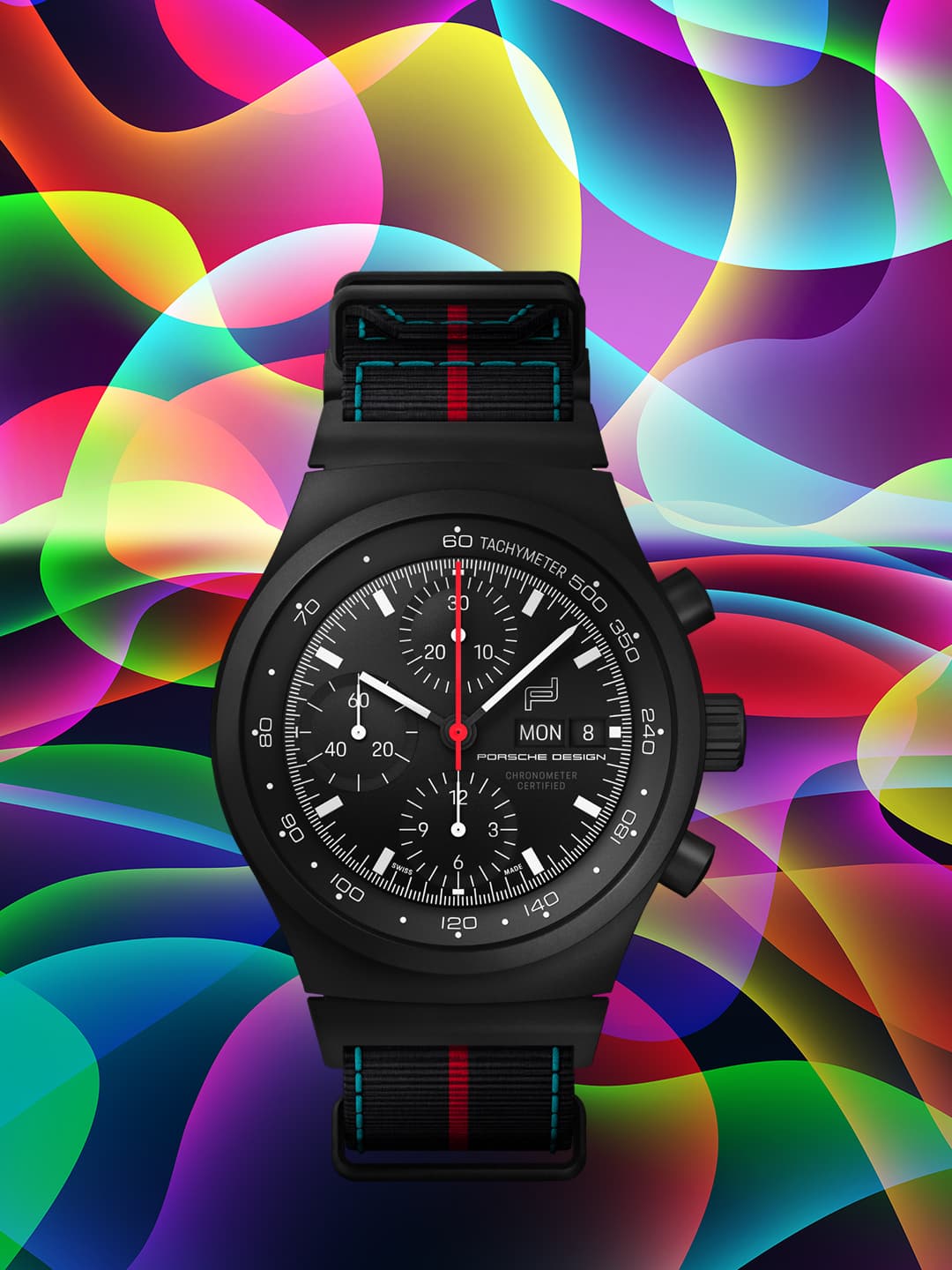 Pictured is the Chronograph 1-75 Years Porsche Edition on a colourful background