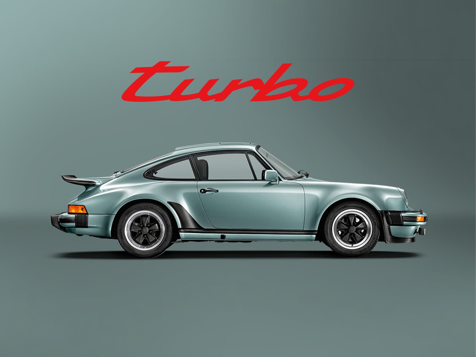 Light green historic Porsche 911 on a light green background with a red Turbo lettering above the car