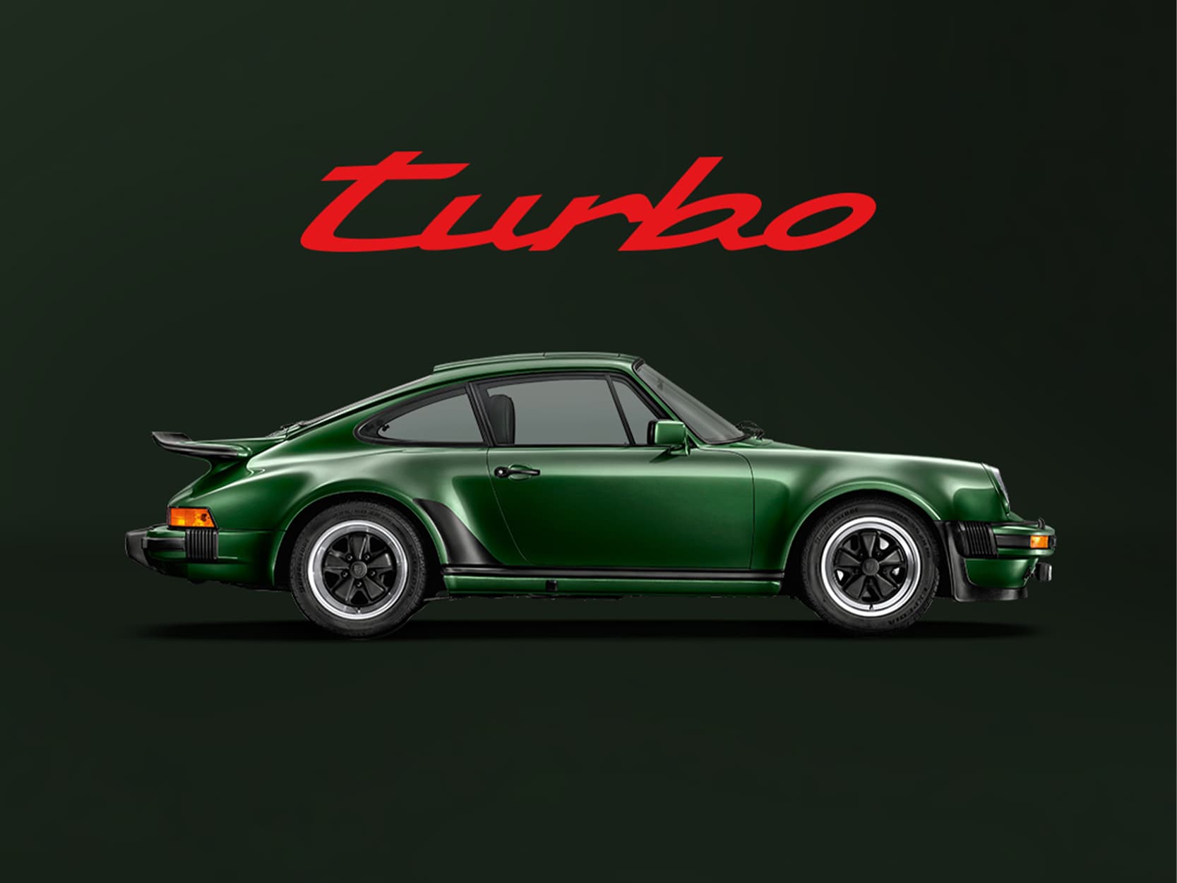 Dark green historic Porsche 911 on a dark green background with a red Turbo lettering above the car