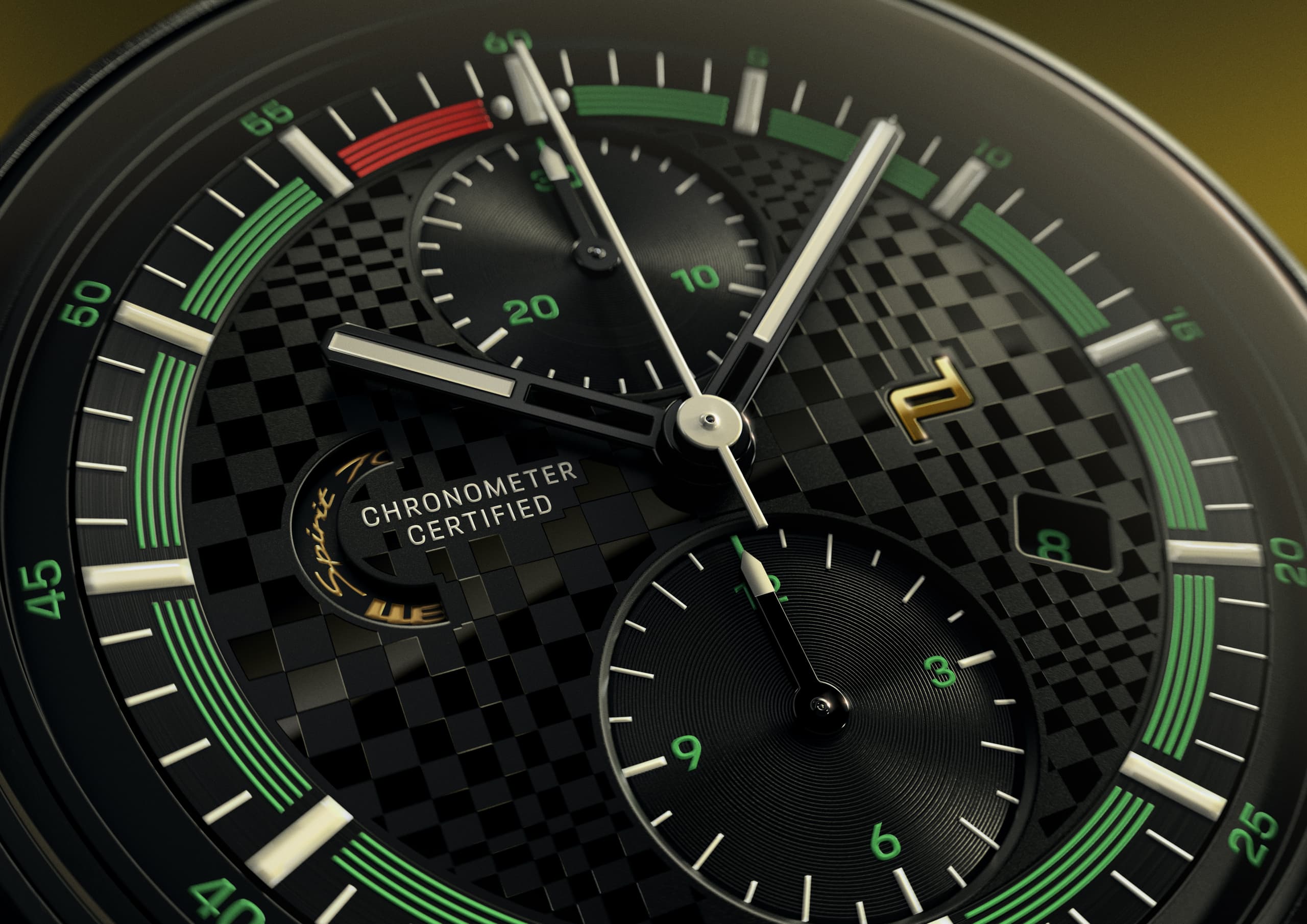 Close-up of the Chonograph 911 Spirit 70 dial