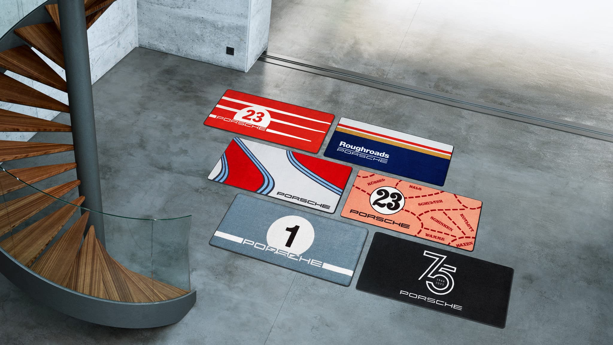 you can see six different Porsche garage mats on the floor in a big modern room
