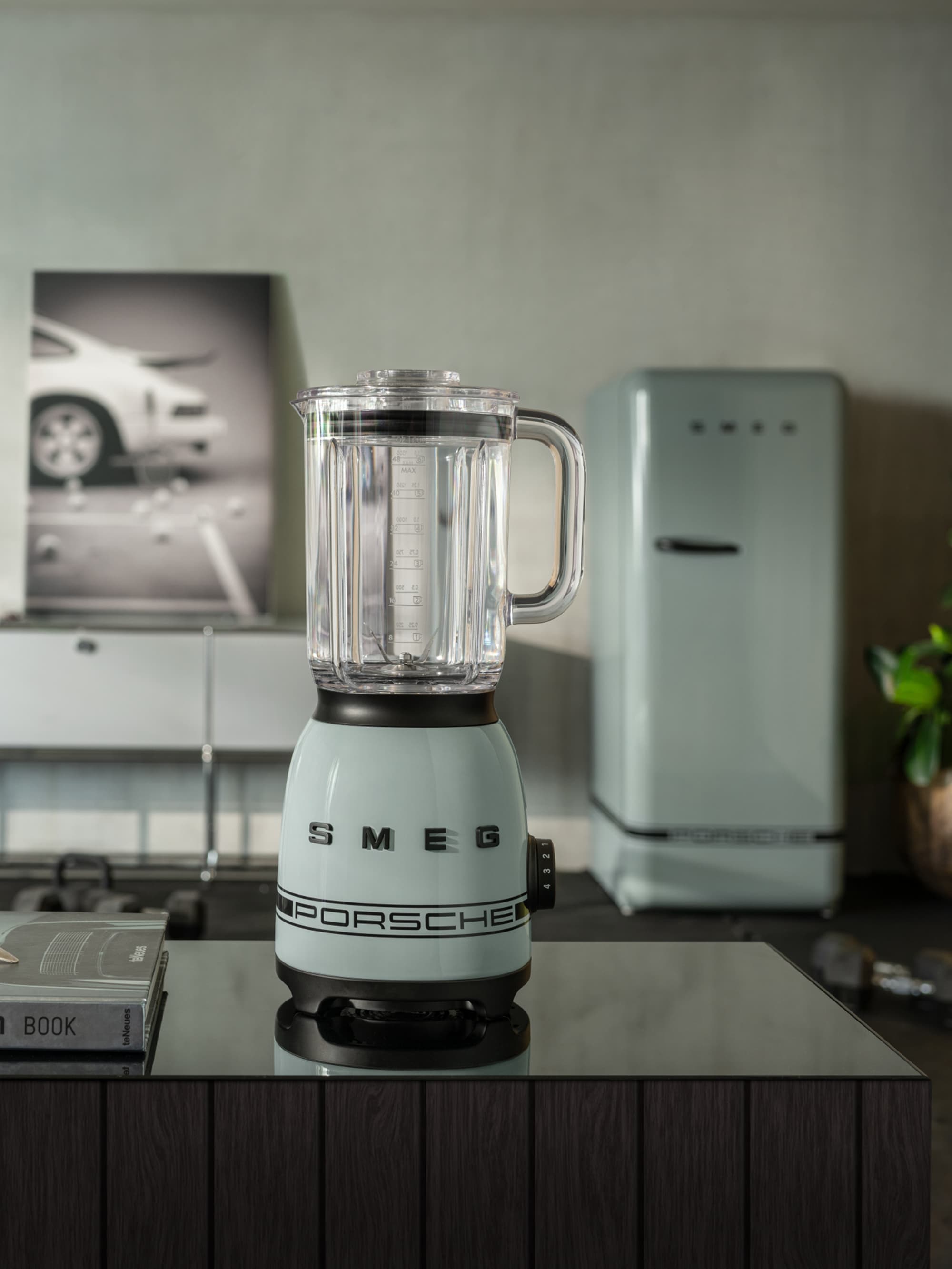 Porsche x Smeg blender in a kitchen setting