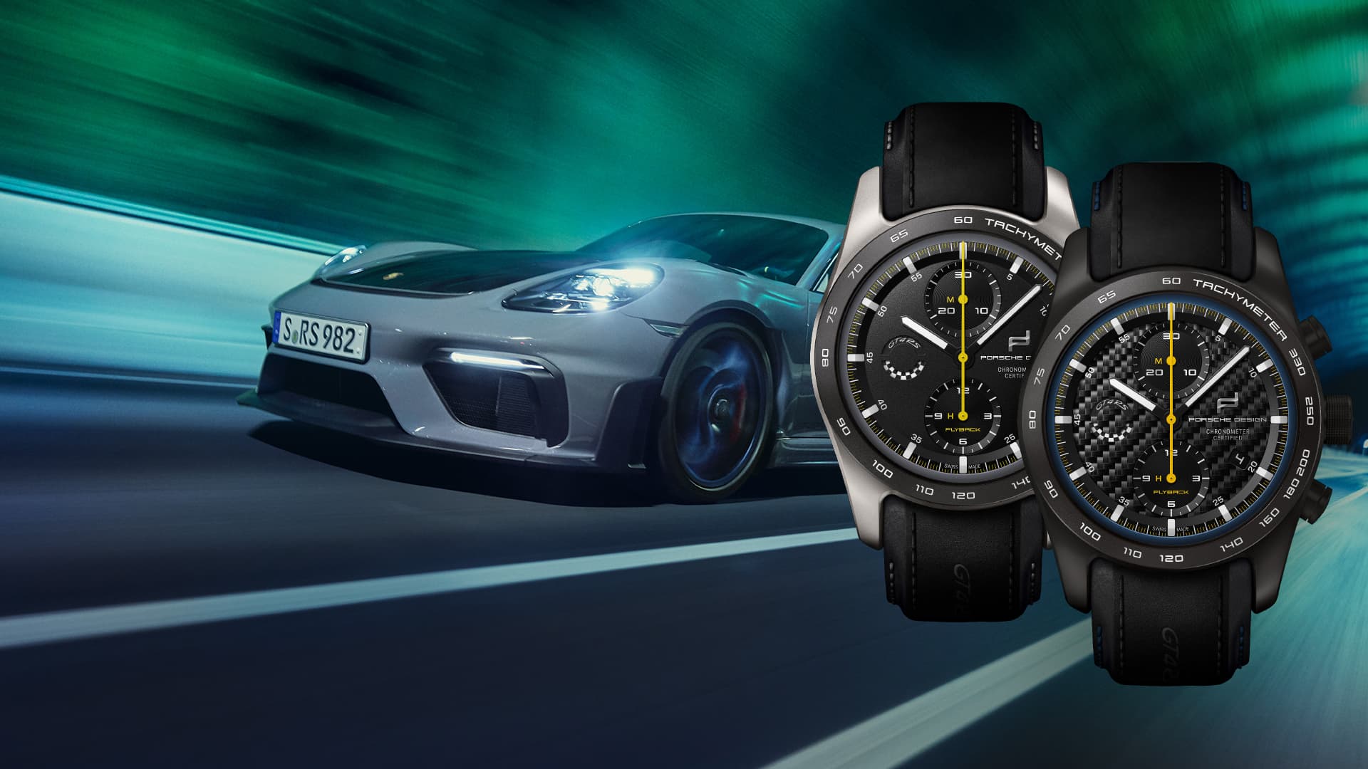 Na zdjęciu widoczne są dwa zegarki z edycji Chronograph 718 Cayman GT4 RS Edition, a w tle czarno-szary Porsche 911.