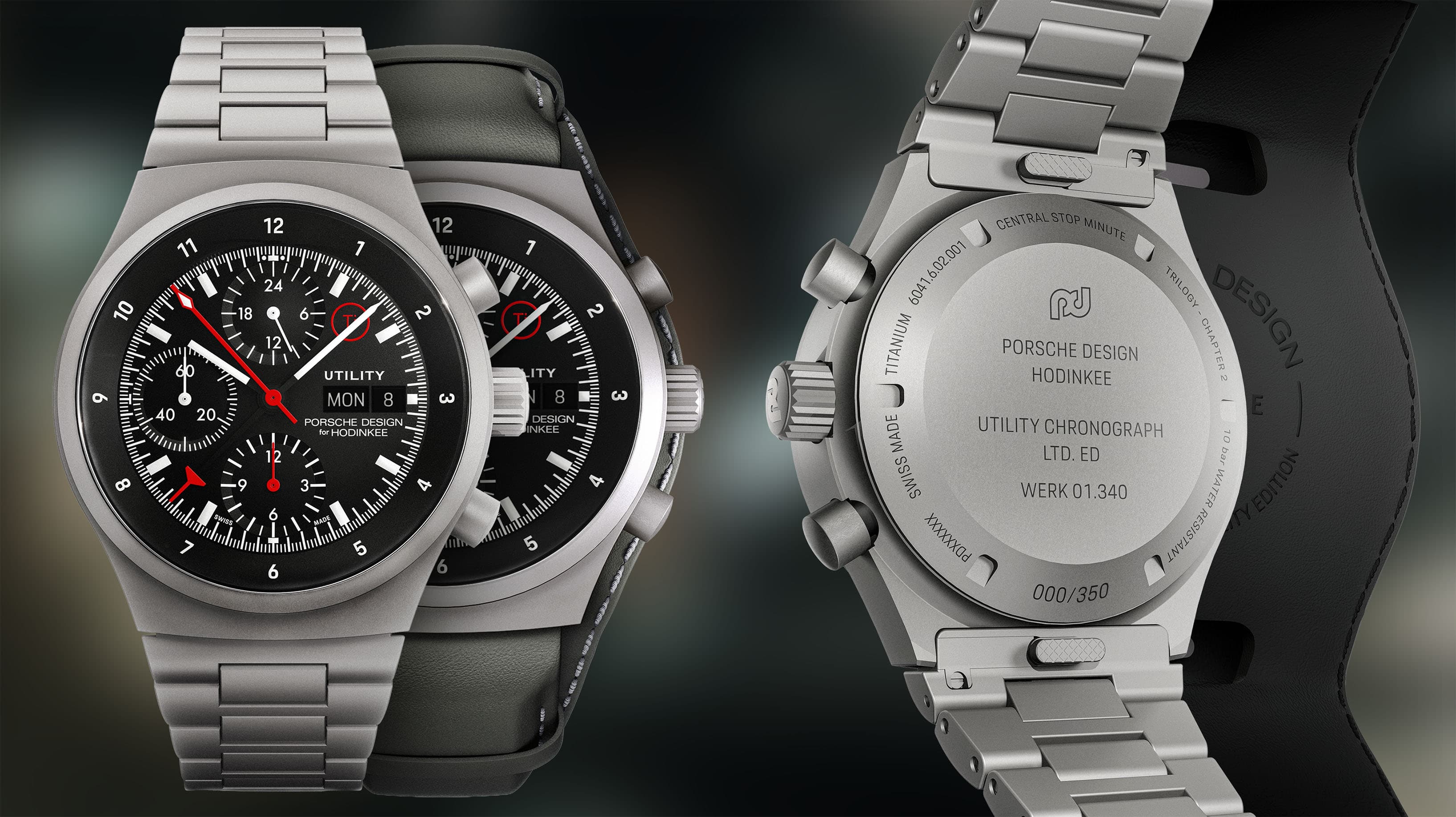 Titanium Porsche Design Utility Chronograph mit schwarzem Zifferblatt, roten Zeigern und Titanarmband, zusätzlich Ansicht des gravierten Gehäusebodens