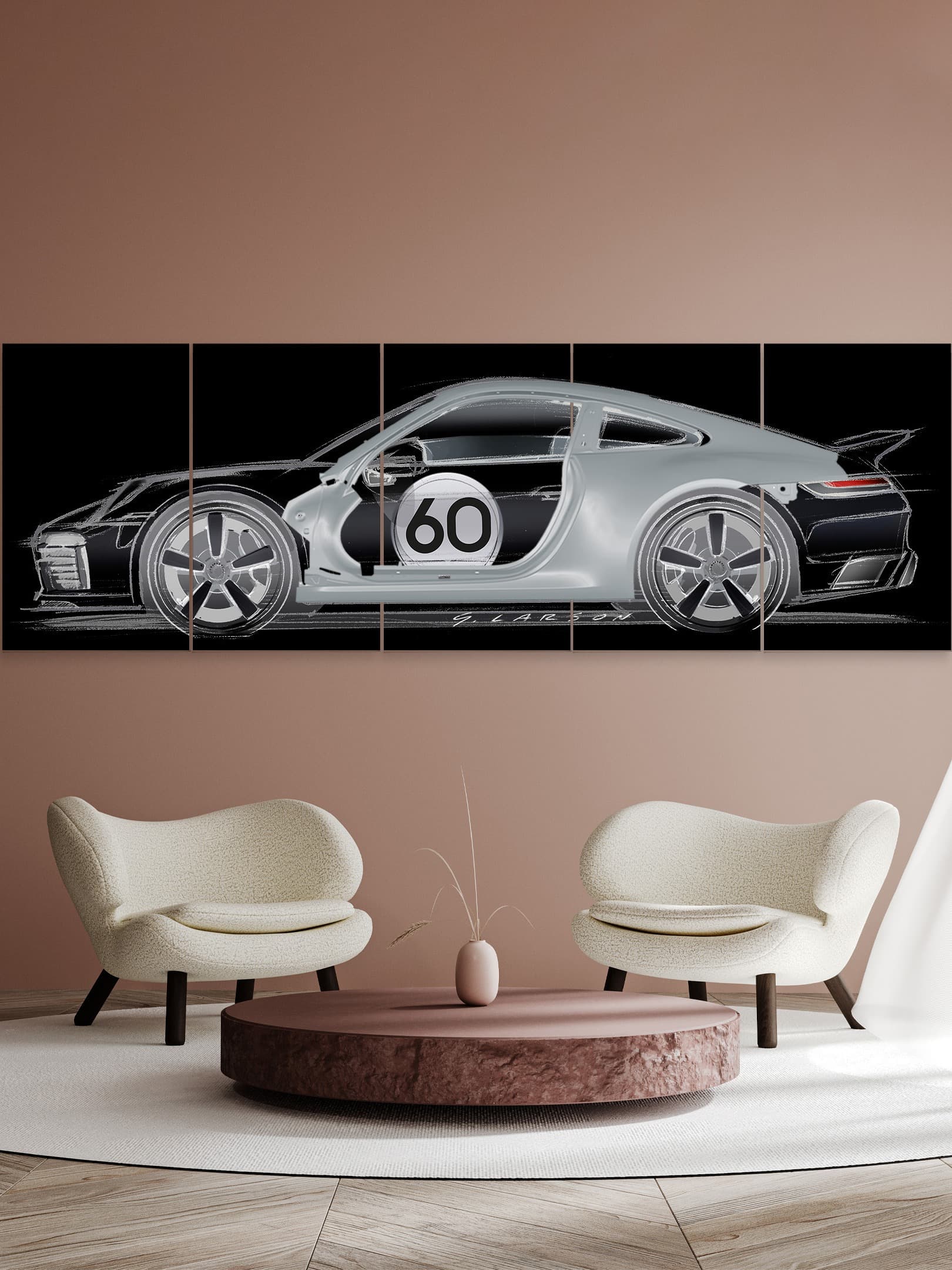 Wall art of a Porsche car sketch with number 60, displayed above modern chairs and a round table in a stylish room.