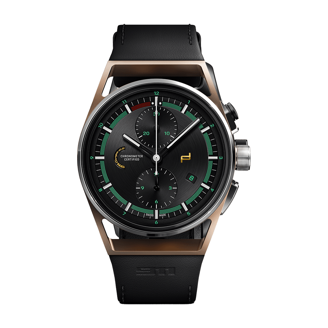 Pictured are two watches from the Chronograph 911 Targa 4S Heritage Design Edition with brown leather strap