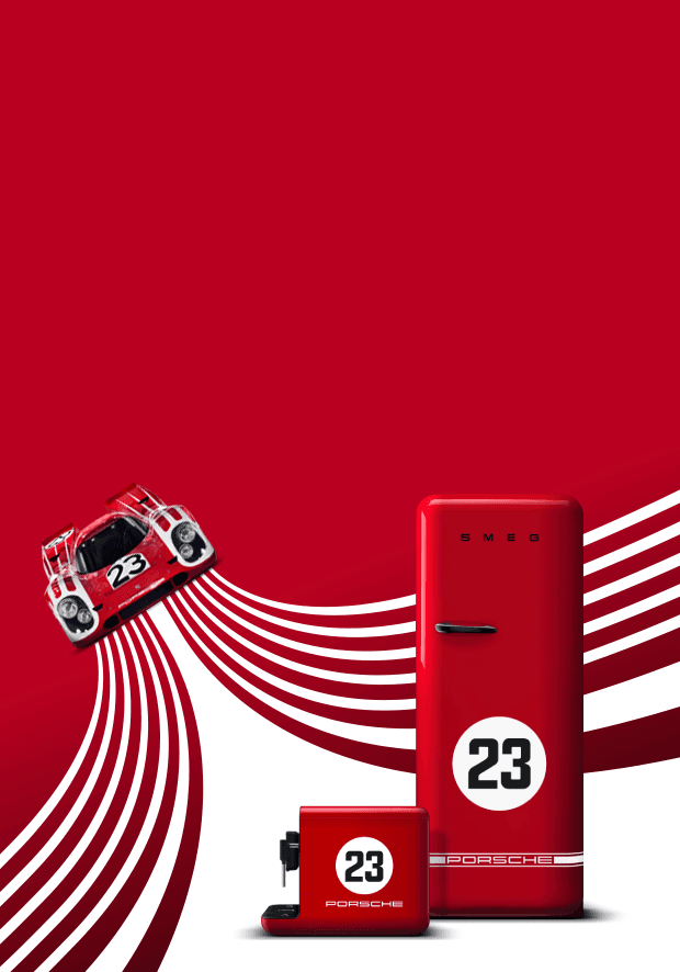 Porsche x Smeg refrigerator and coffee machine with Salzburg livery against a red background with illustrated Porsche 917
