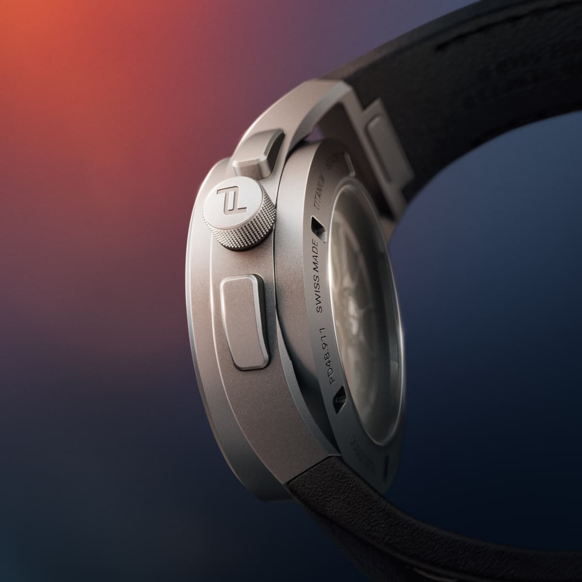Close-up of a silver wristwatch with a black leather strap against a red-and-blue gradient background.