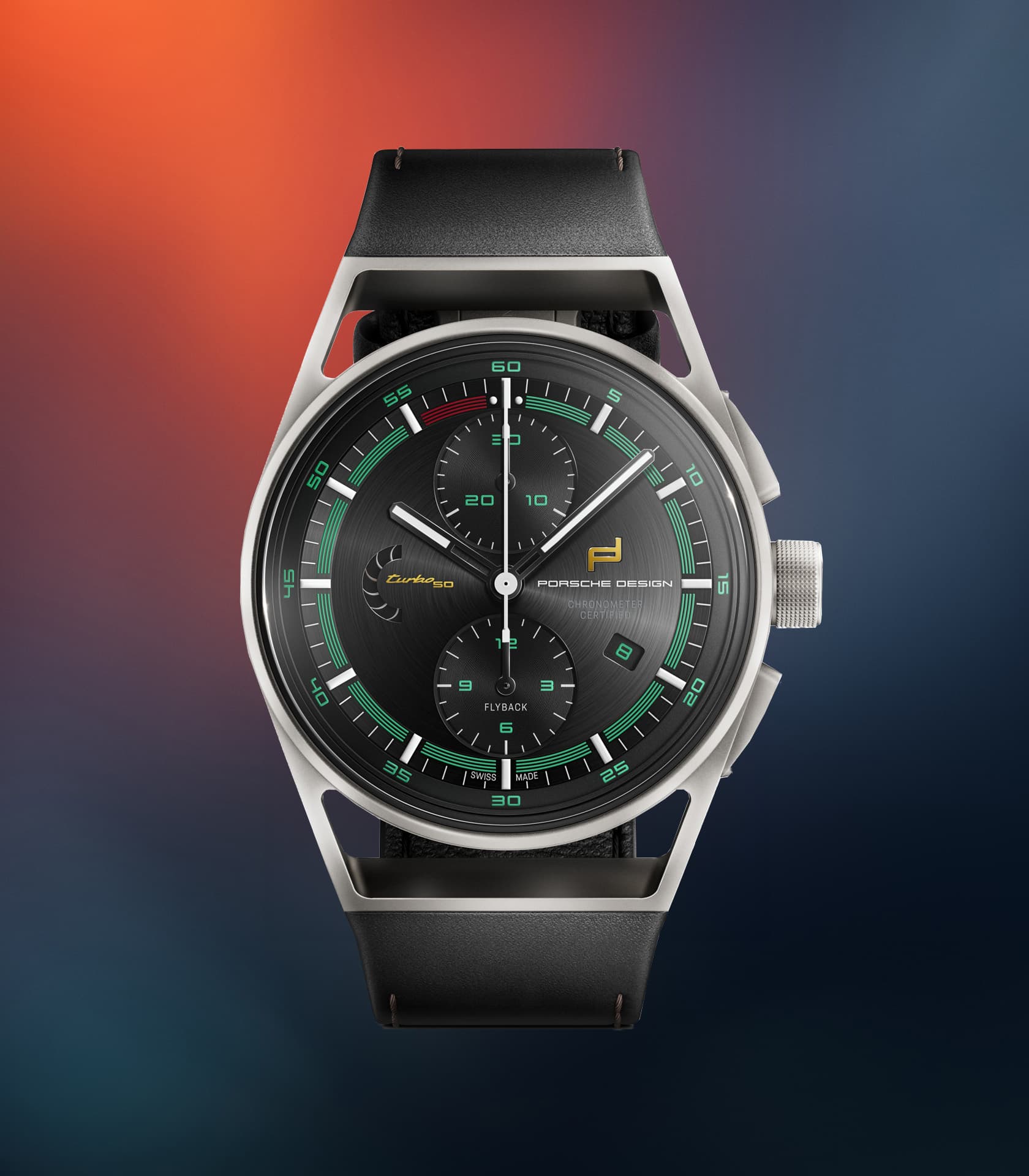 Porsche Design chronograph with a black dial, green accents, and a black leather strap with a gradient finish.