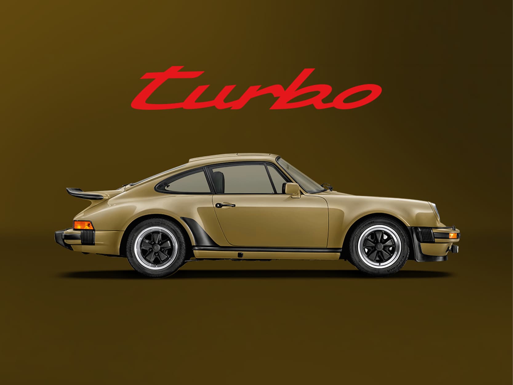 Brown historic Porsche 911 on a brown background with a red Turbo lettering above the car