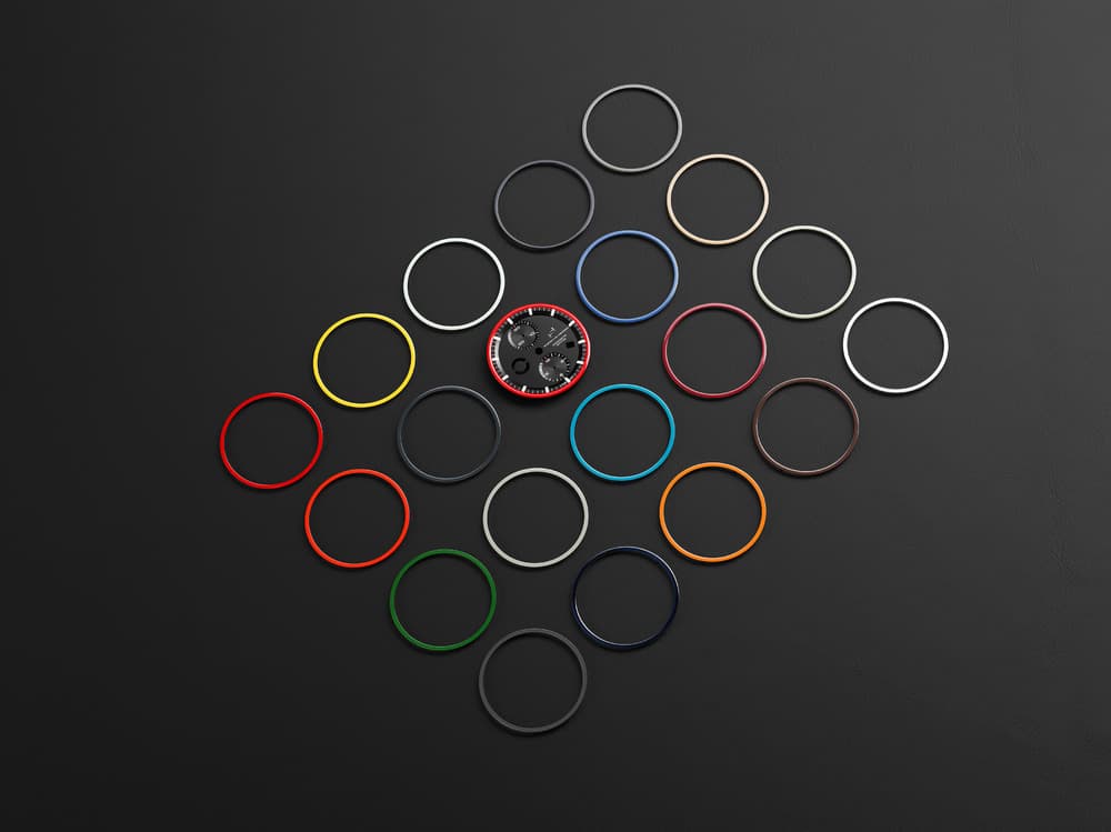 Detail view of watch dial with colored rings