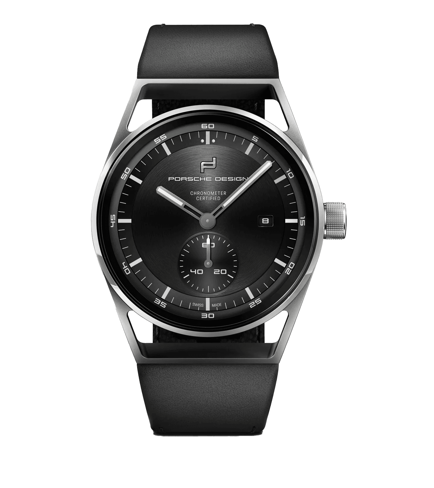 Porsche Design wristwatch with black dial, date window and black leather strap, front view.