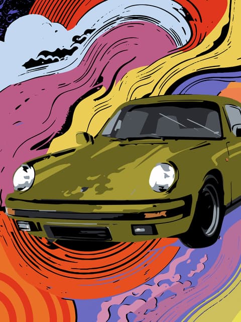 Colorful drawing in comic style with the new Porsche 911 Spirt 70 in olive green neo
