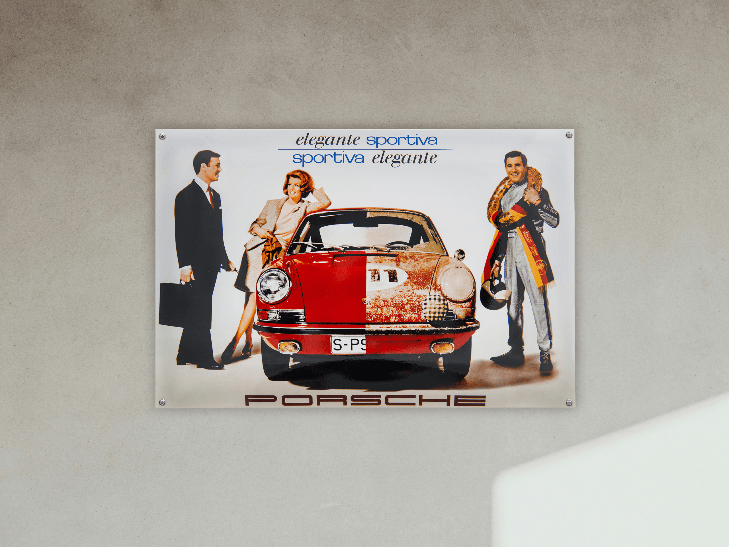 Porsche enamel plate on a wall
