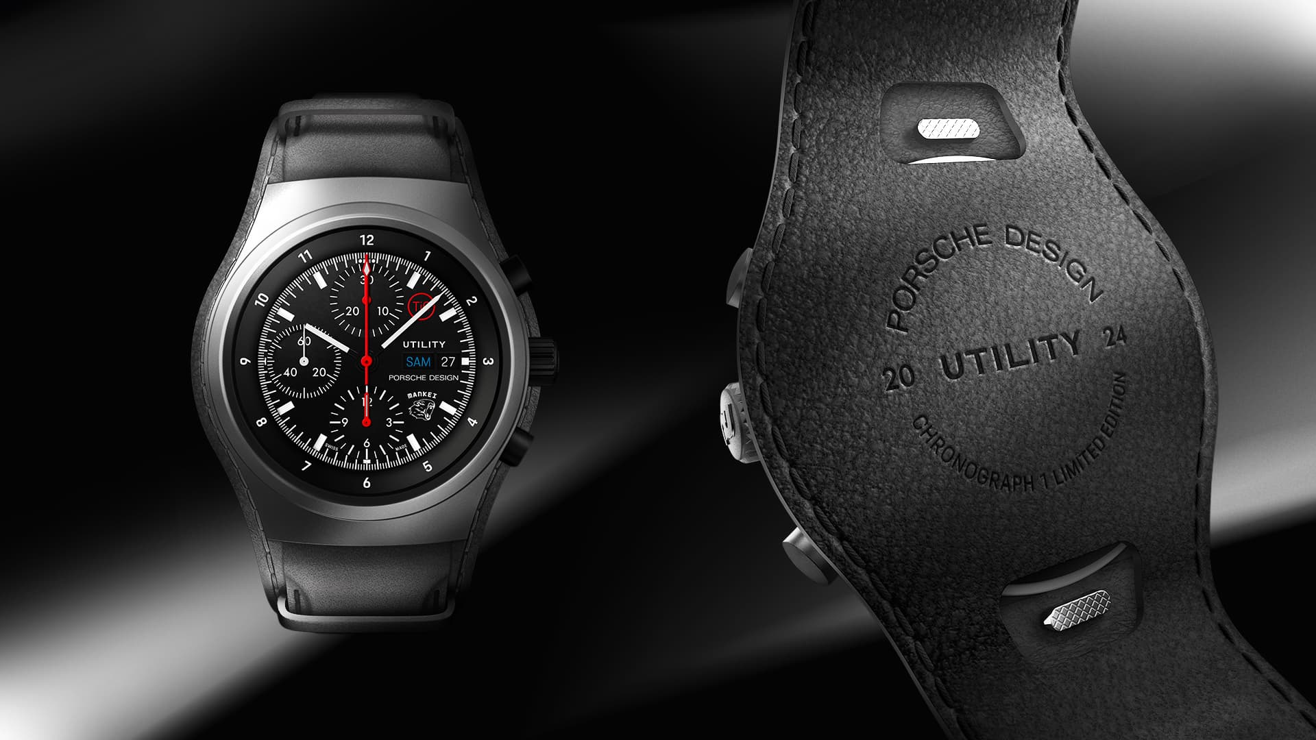 Porsche Design Utility Chronograph Uhr mit schwarzem Zifferblatt, roten Zeigern und schwarzem Lederarmband, Vorder- und Rückansicht.